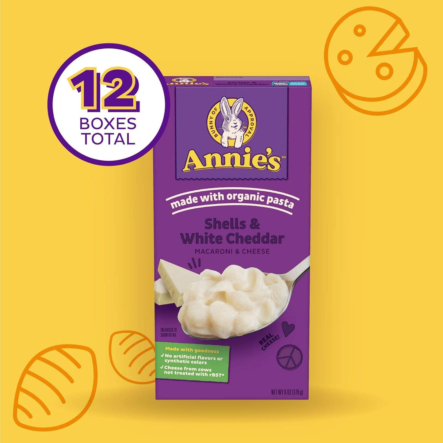 Annie'S Shells & White Cheddar Macaroni and Cheese 6 Oz (Pack of 12) with Annie'S Organic Bunny Fruit Snacks, Variety Pack, Gluten Free, Vegan, 24 Ct