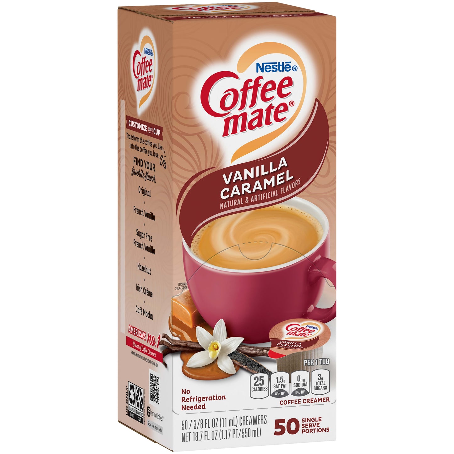 Coffee Mate Vanilla Caramel Non-Dairy Creamer, 0.375 Fl Oz, 200 Count Tubs (4 Packs of 50)