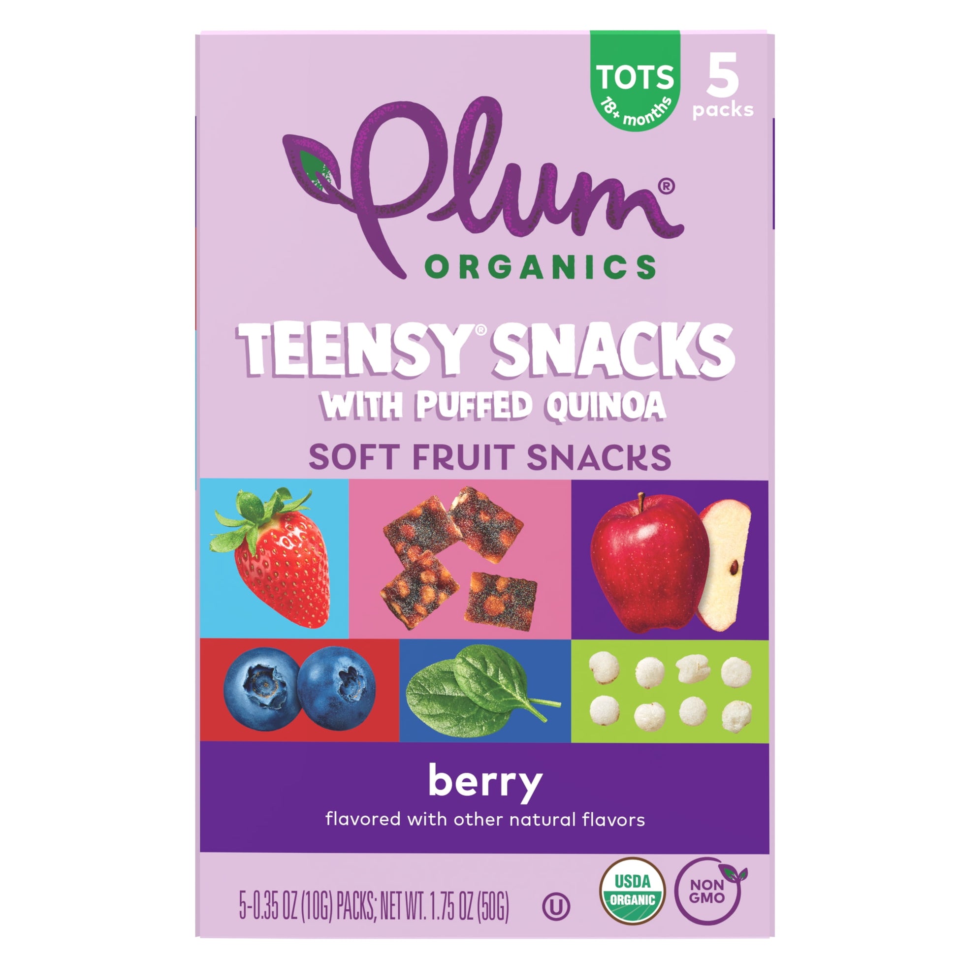 (4 Pack)  Teensy Snacks Soft Fruit Snacks, Berry with Puffed Quinoa, 0.35 Oz Bags, 5 Count