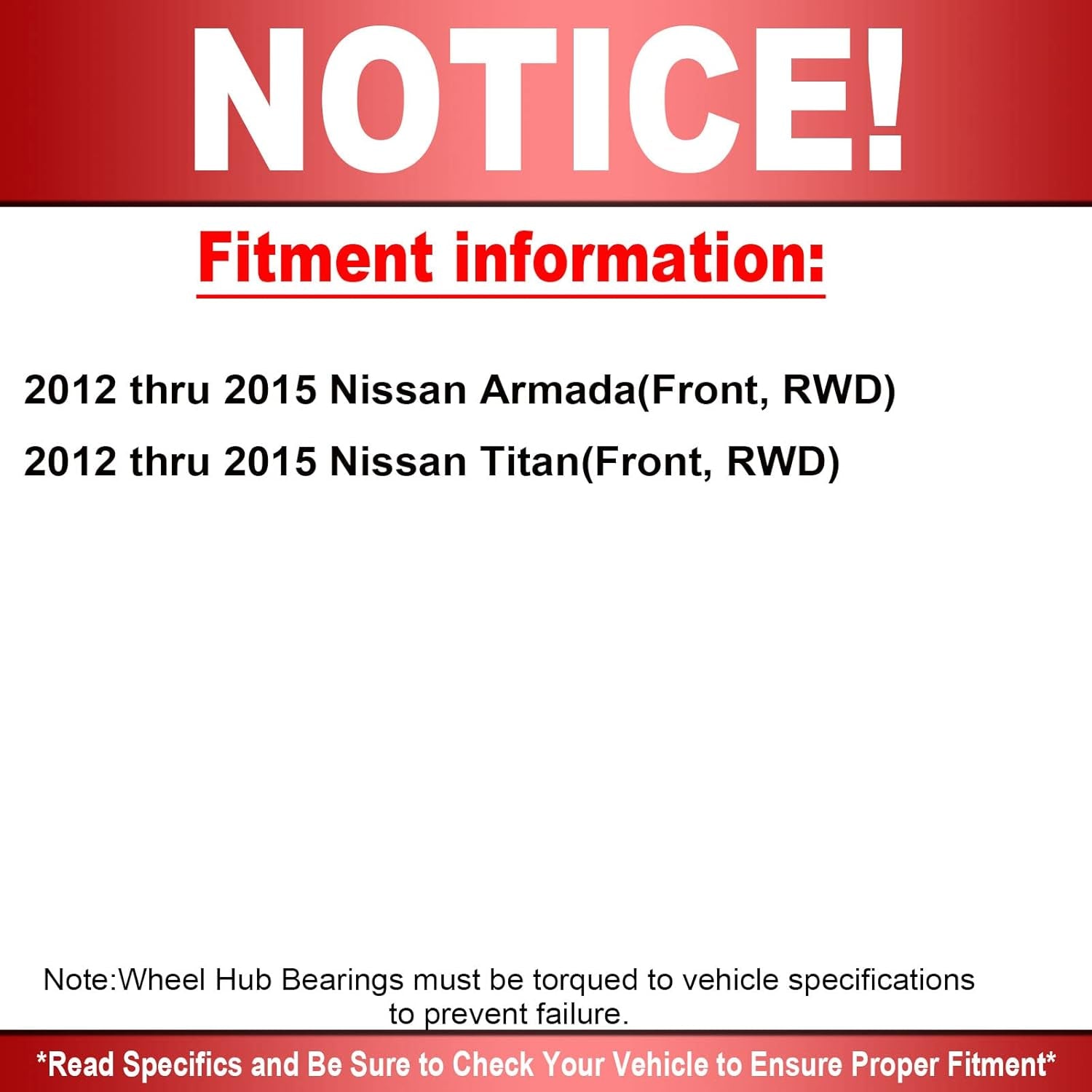 515156 Front Wheel Bearing & Hub Assembly 2WD with 6 Lugs Fit for 2012-2015 Nissan Armada, 2012-2015 Nissan Titan Wheel Hub Bearing Assembly, RWD -2Pc