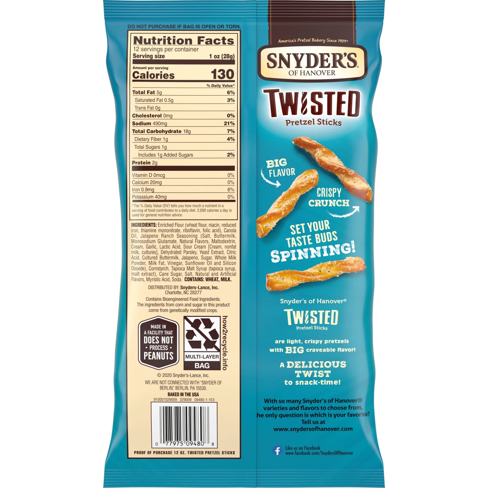 , Jalapeno Ranch Twisted Pretzel Sticks, 12 Oz Bag