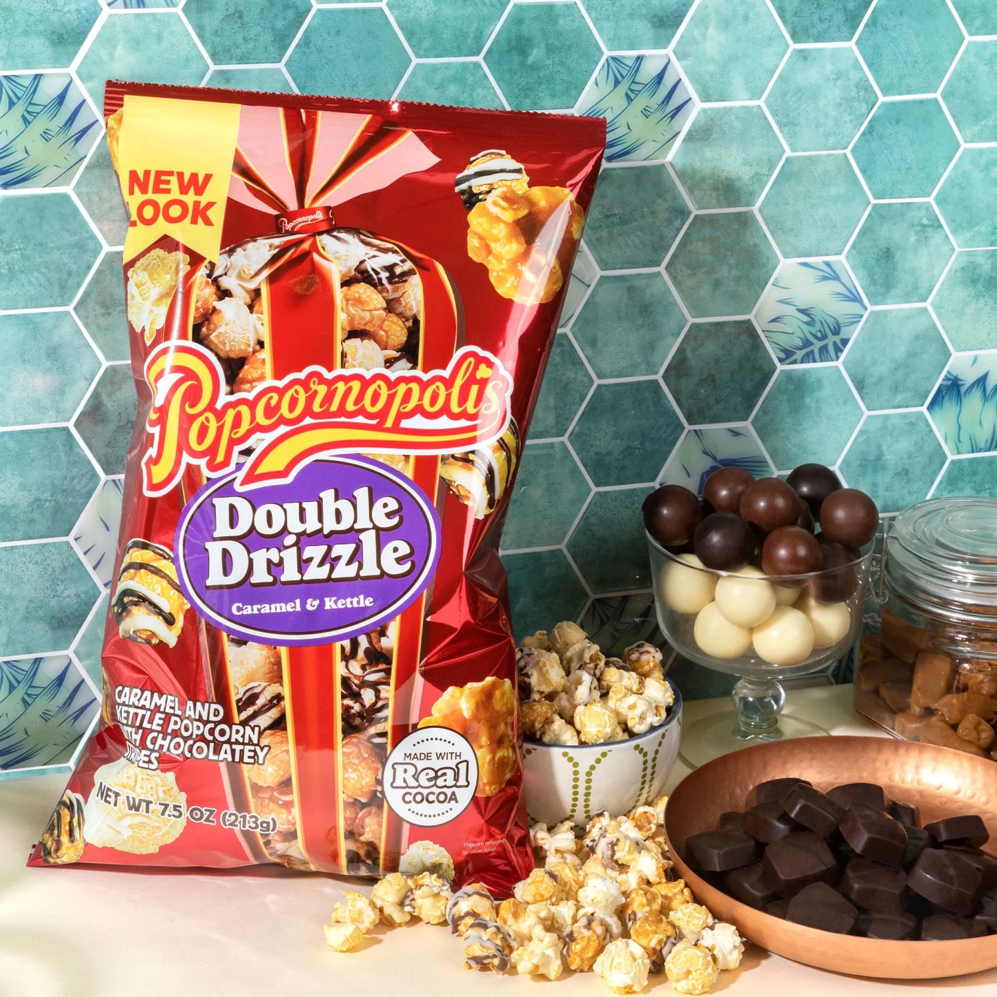 Double Drizzle Popcorn, Caramel & Kettle with Chocolatey Stripes, 7.5 Oz