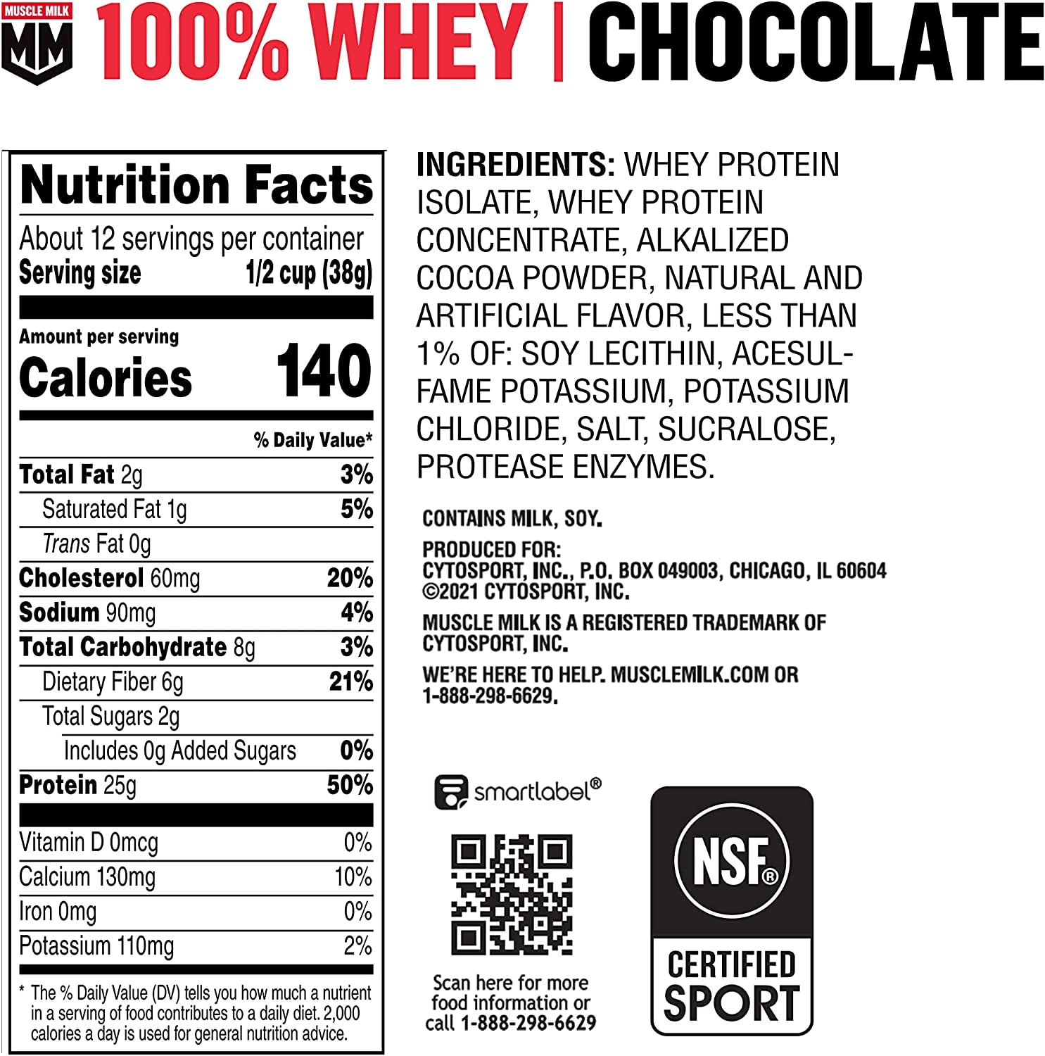 100% Whey Protein Powder, Chocolate, 5 Pound, 66 Servings, 25G Protein, 2G Sugar, Low in Fat, NSF Certified for Sport, Energizing Snack, Workout Recovery, Packaging May Vary