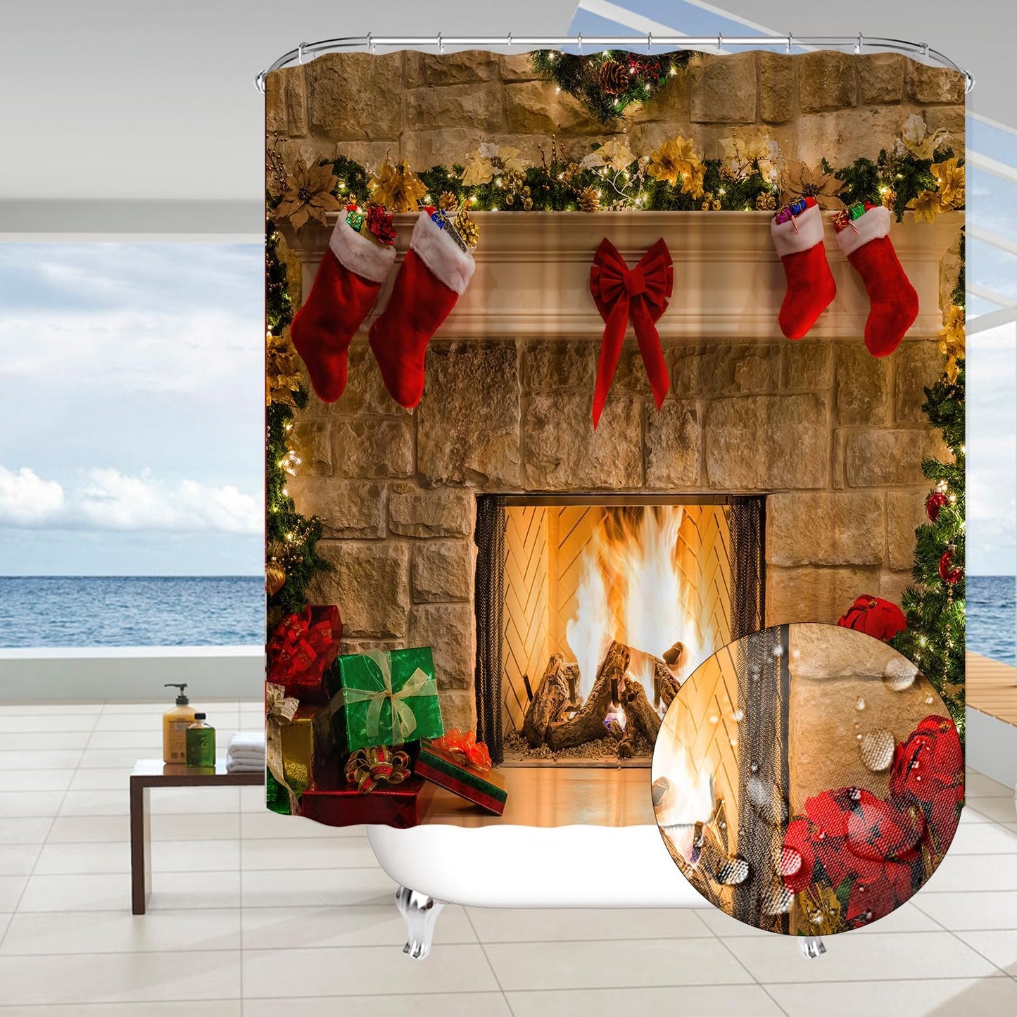 4PCS Christmas Fireplace Shower Curtain Sets, Christmas Tree Stocking Shower Curtain Sets with Rugs, Toilet Lid Cover and Bath Mat for Bathroom Set Decor Christmas Bathroom Decor Theme