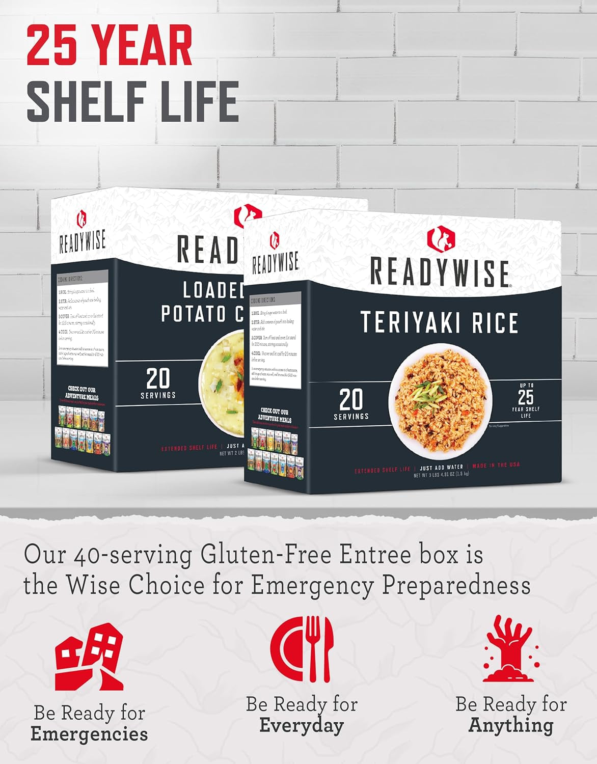 - Gluten Free, Entrée Box Kit, 20 Servings, 2 Boxes, MRE, Freeze Dried Food, Emergency Kit, for Hiking, Camping Essentials, Hurricane Preparedness Items, & Food Storage, 25-Year Shelf Life