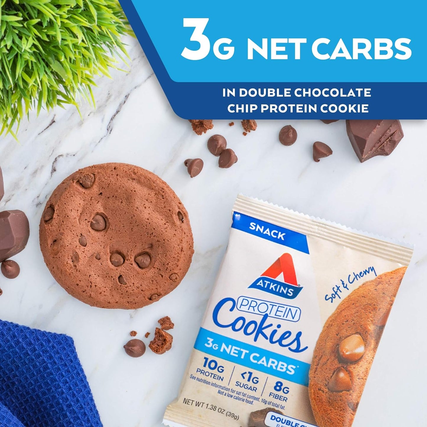 Double Chocolate Chip Protein Cookie, Protein Dessert, Rich in Fiber, 3G Net Carbs, 1G Sugar, Keto Friendly, 4 Count