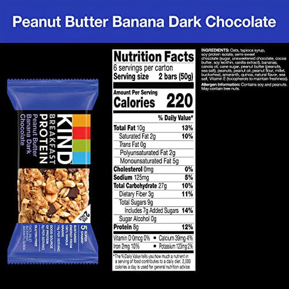 Breakfast, Healthy Snack Bar, Peanut Butter Banana Dark Chocolate, Gluten Free Breakfast Bars, 8G Protein, 1.76 OZ Packs (6 Count)