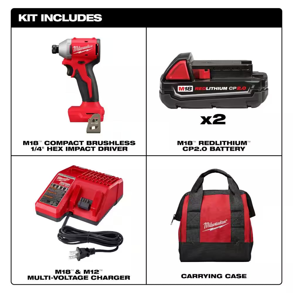 M18 18V Lithium-Ion Brushless Cordless 1/4 In. Impact Driver Kit with Two 2.0 Ah Batteries and Charger