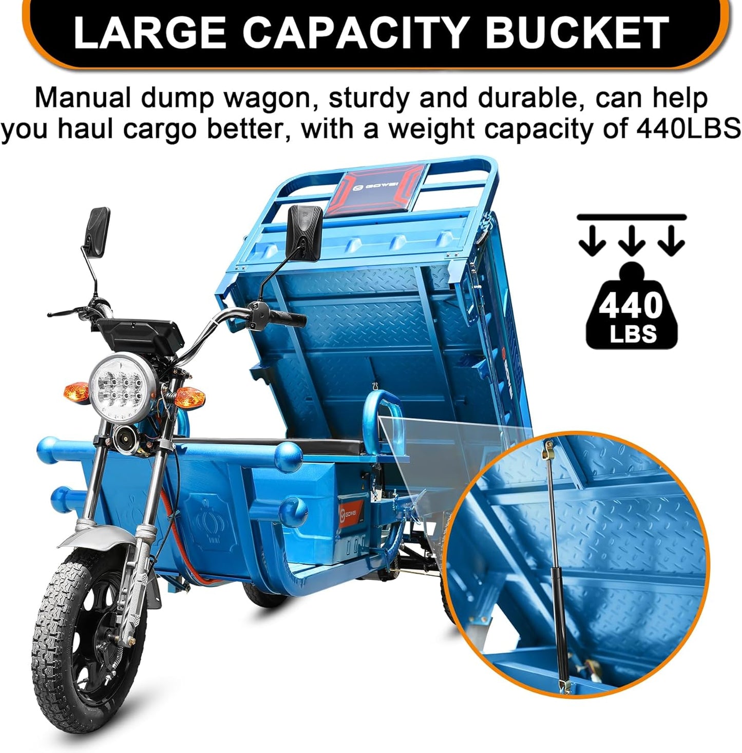 Electric Tricycle with Tipping Bucket, Electric Trike Motorized 3-Wheel with Loading Car Hopper, 60V 32Ah Electric E-Trike Utility Task Vehicle up to 440 LBS