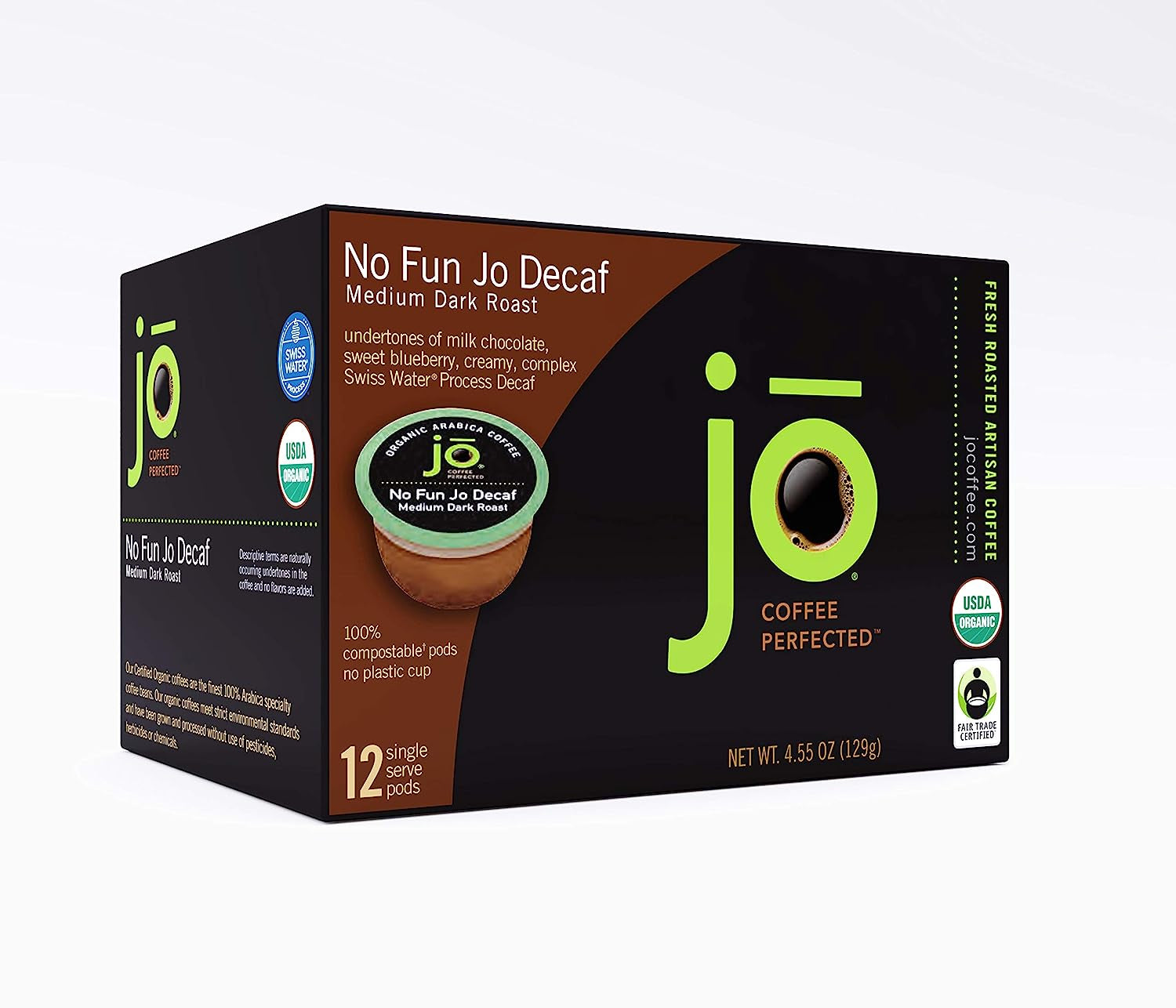 No Fun Jo Decaf: 12 Organic Compostable Pods for Keurig K-Cup Compatible Brewers, Swiss Water Process Single Serve Coffee Medium/Dark Roast Fair Trade