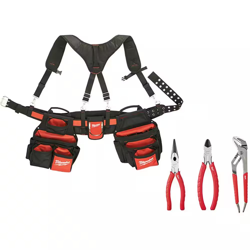 General Contractor Work Waist Tool Belt with Suspension Rig and 3-Piece Pliers Kit