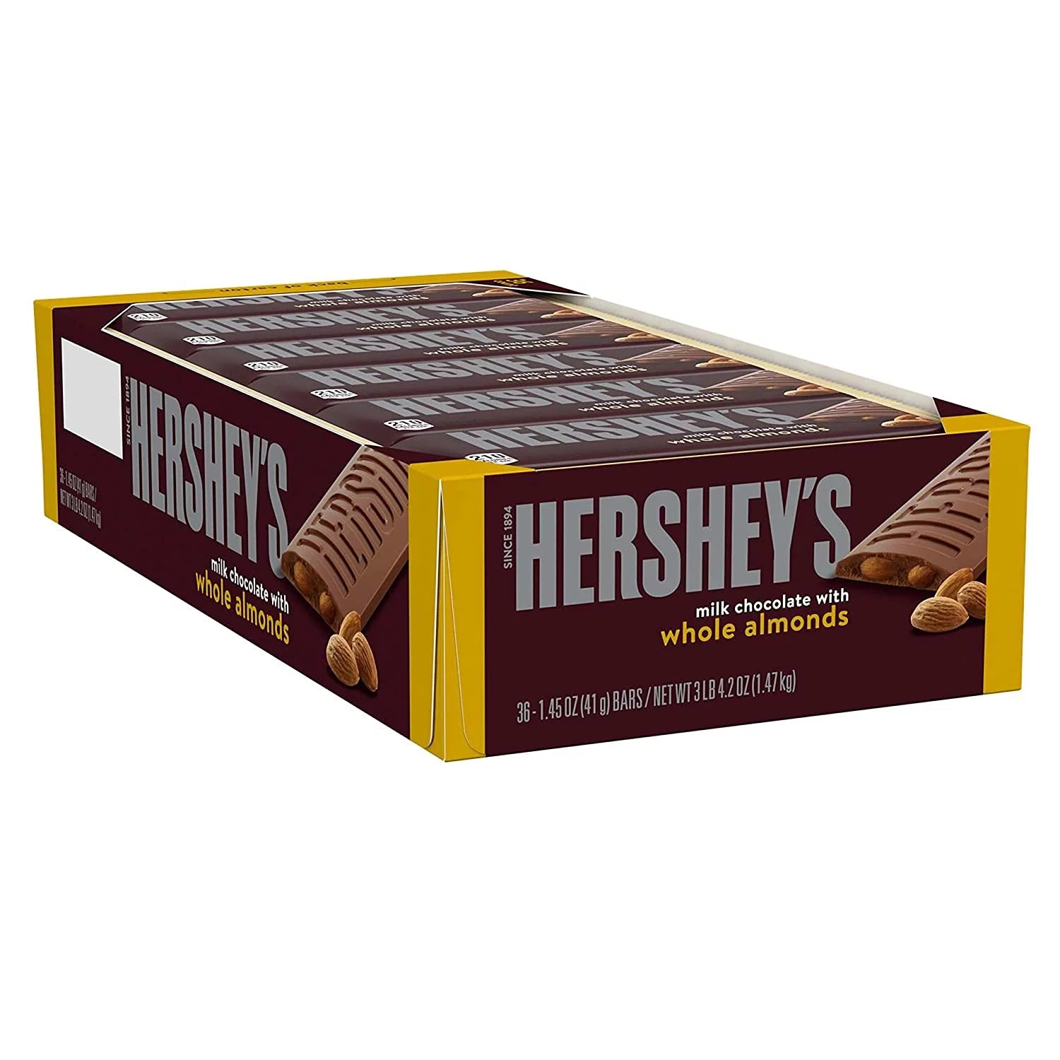 Hershey,S Milk Chocolate with Whole Almonds Candy Bars, 1.45 Oz (36 Count)