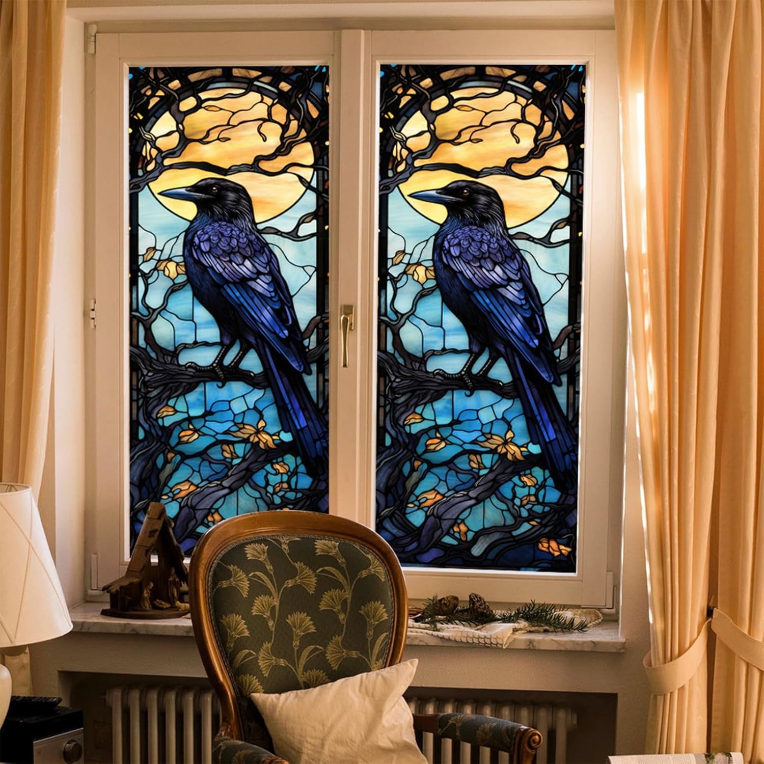 Window Privacy Film Crow Stained Glass Window Film Window Frosted Glass Window Cling Privacy Film Heat Blocking Static Cling Day and Night Home Door Window Coverings 17.7"X39.5" (BL172)