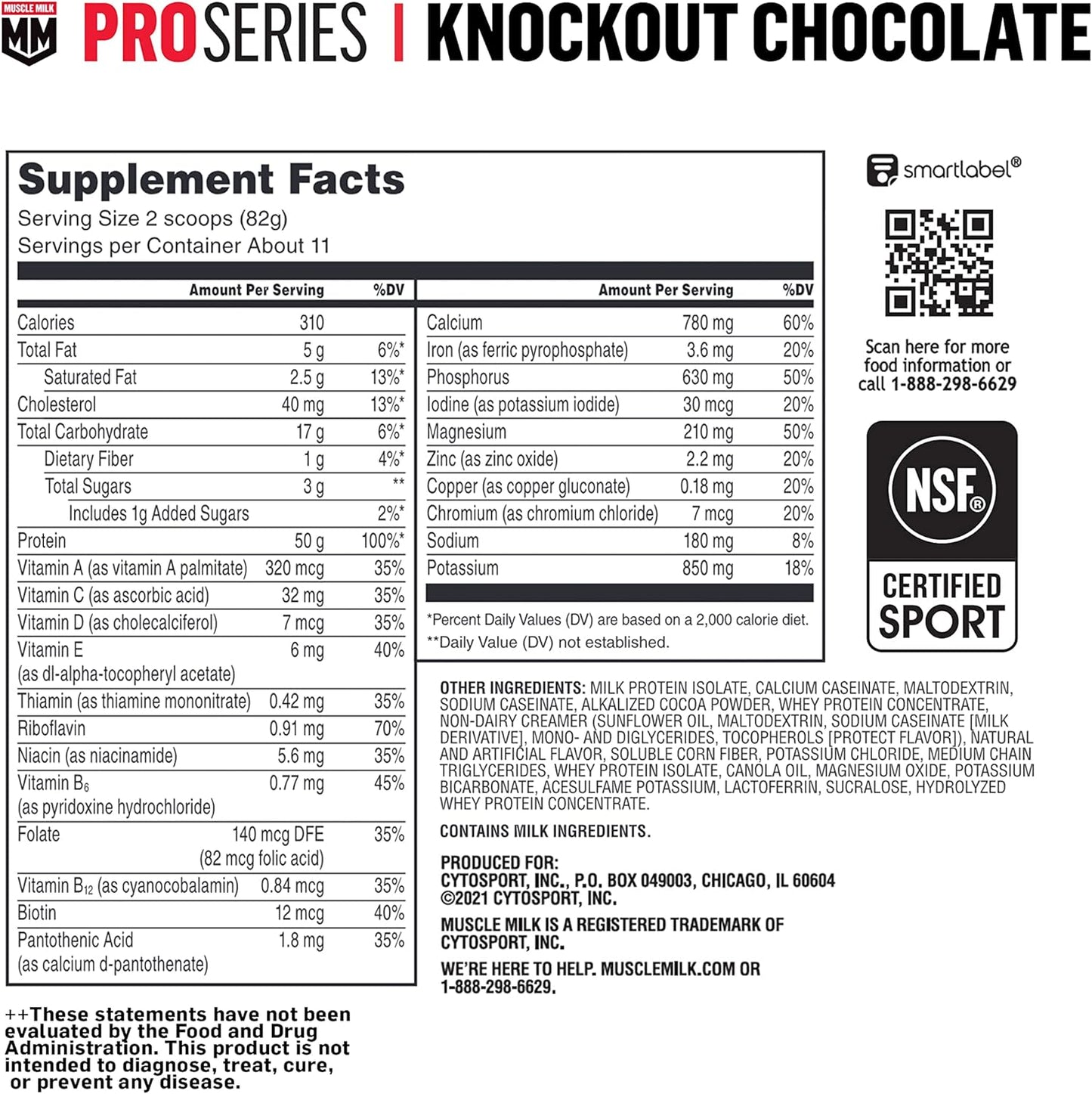 Pro Series Protein Powder Supplement, Knockout Chocolate, 2.54 Pound, 14 Servings, 50G Protein, 3G Sugar, 20 Vitamins & Minerals, NSF Certified for Sport, Packaging May Vary