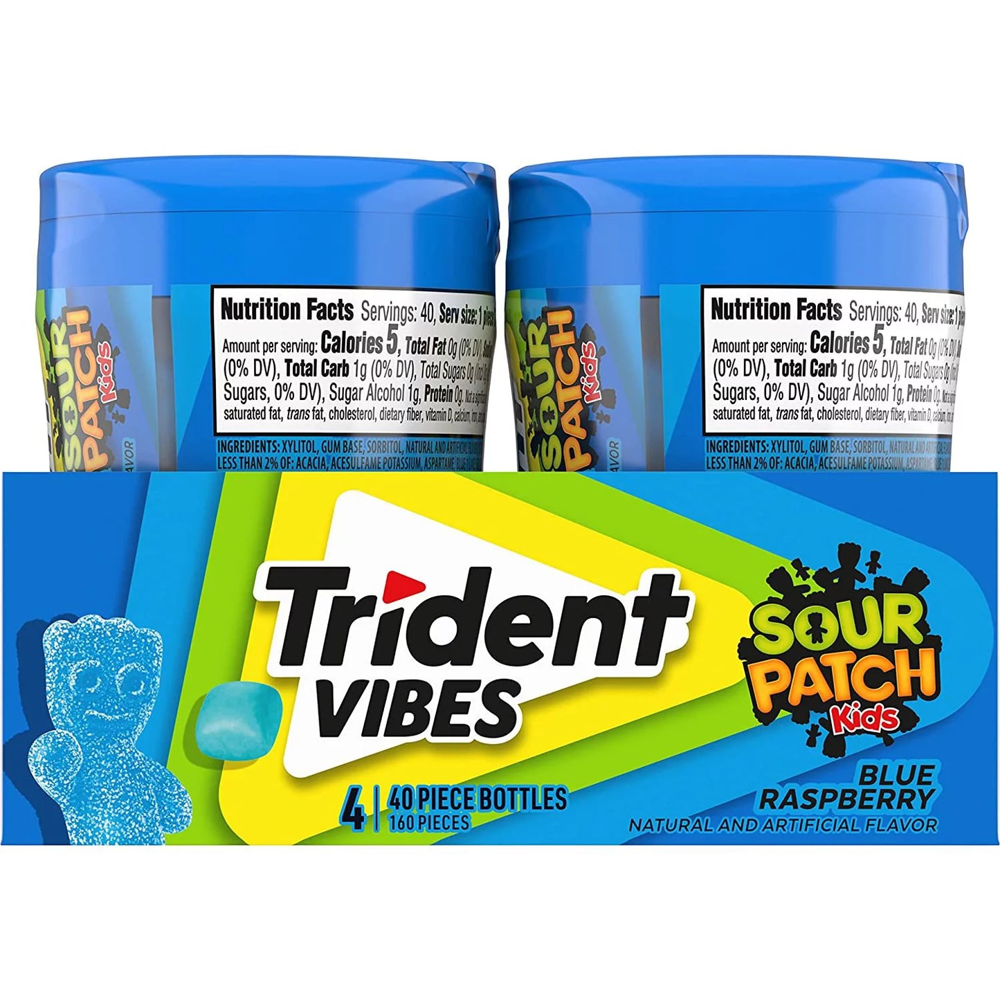 Vibes SOUR PATCH KIDS Blue Raspberry Sugar Free Gum, 4-40 Piece Bottles 160 Total Pieces