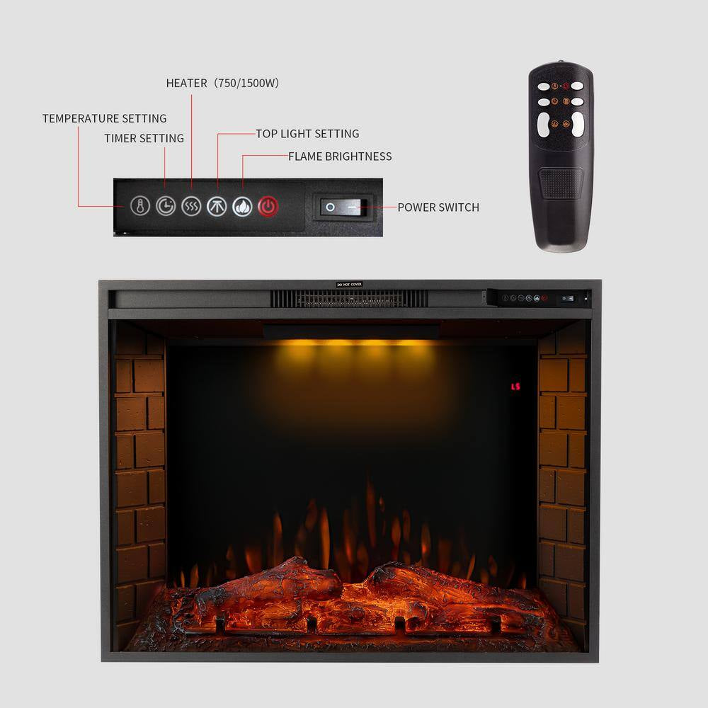 33 In.Led Recessed Fireplace with 3 Top Light Colors and Remote Control, Adjustable Heating and Touch Screen 1500W,Black