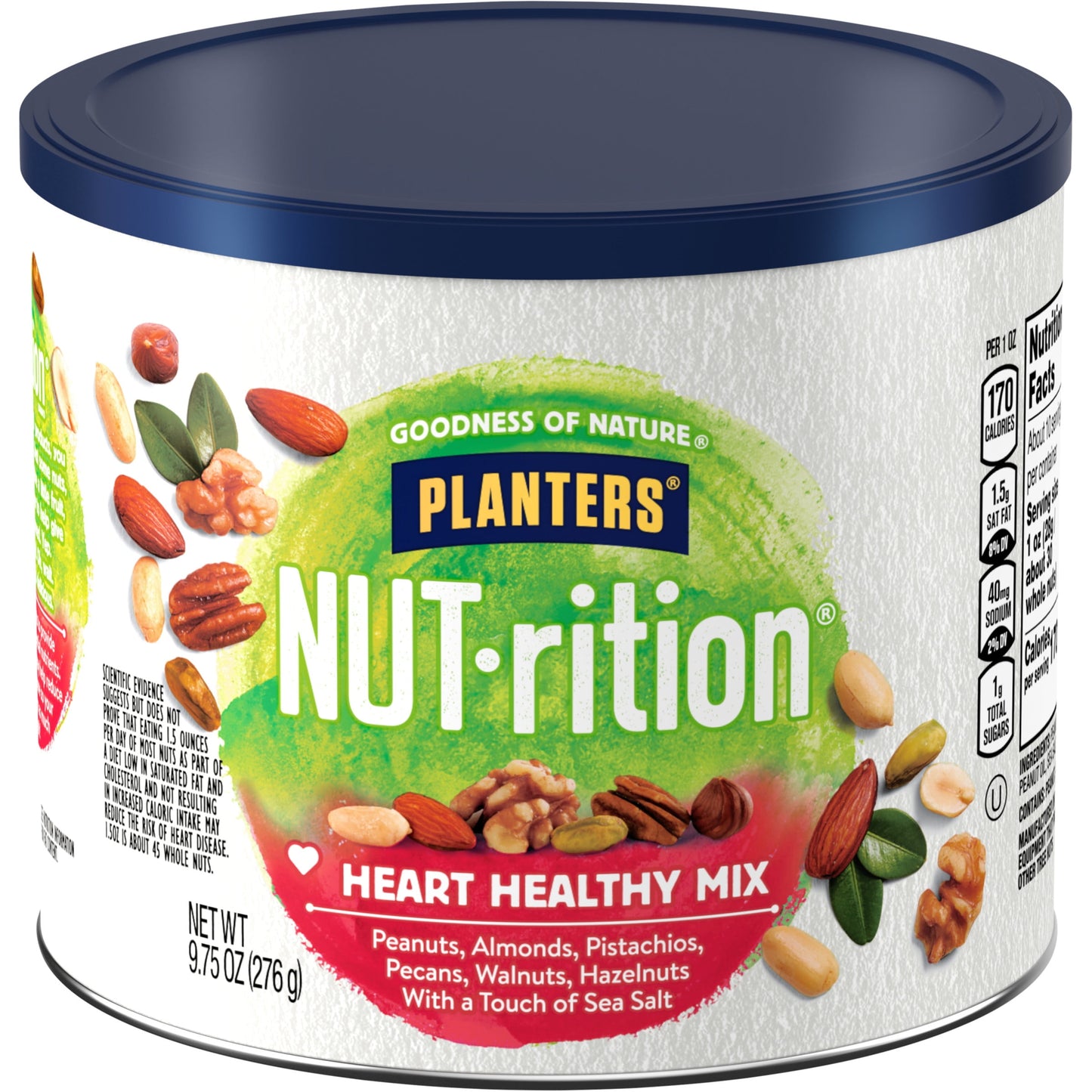 NUT-RITION Heart Healthy Nut Mix with Peanuts, Almonds, Pistachios, Pecans, Walnuts, Hazelnuts Sea Salt, 9.75 Oz Canister