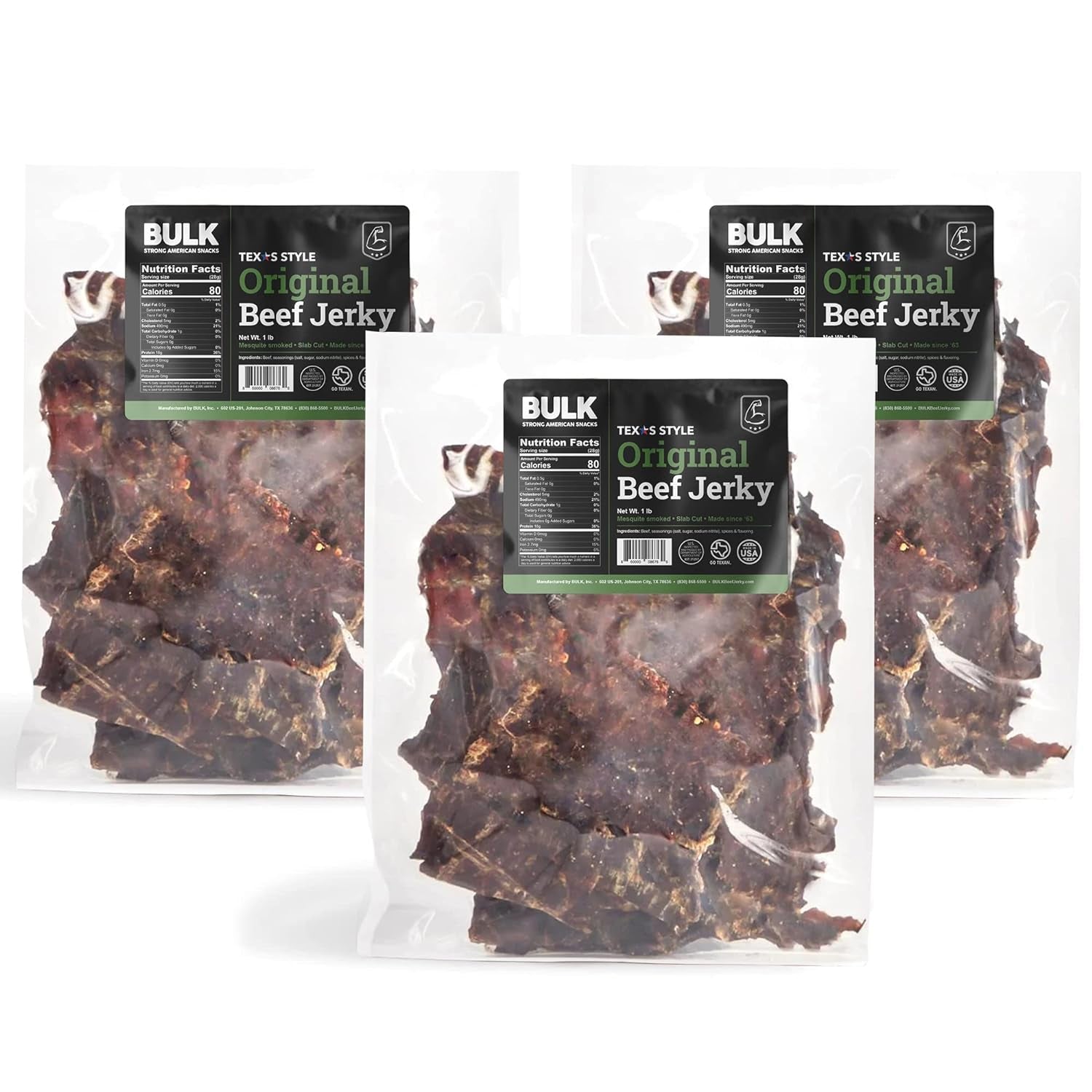 Texas Style Beef Jerky Bulk, Healthy Beef Jerky Snack Packs, Low Carb with 18 Grams of Protein, Gluten & MSG Free, Original Flavor, 1 Pound (Pack of 3)