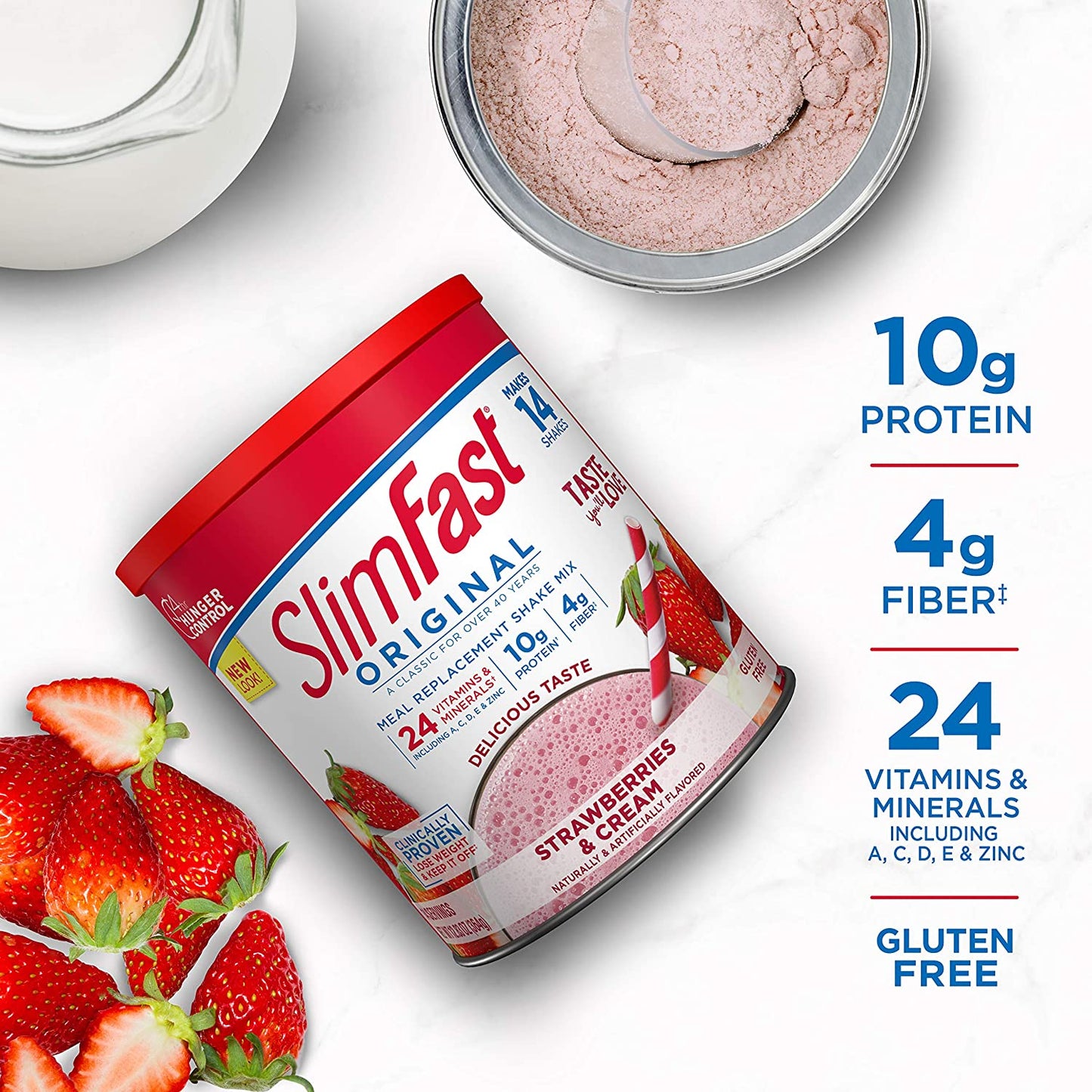 Meal Replacement Powder, Original Strawberries & Cream, Weight Loss Shake Mix, 10G of Protein, 14 Servings
