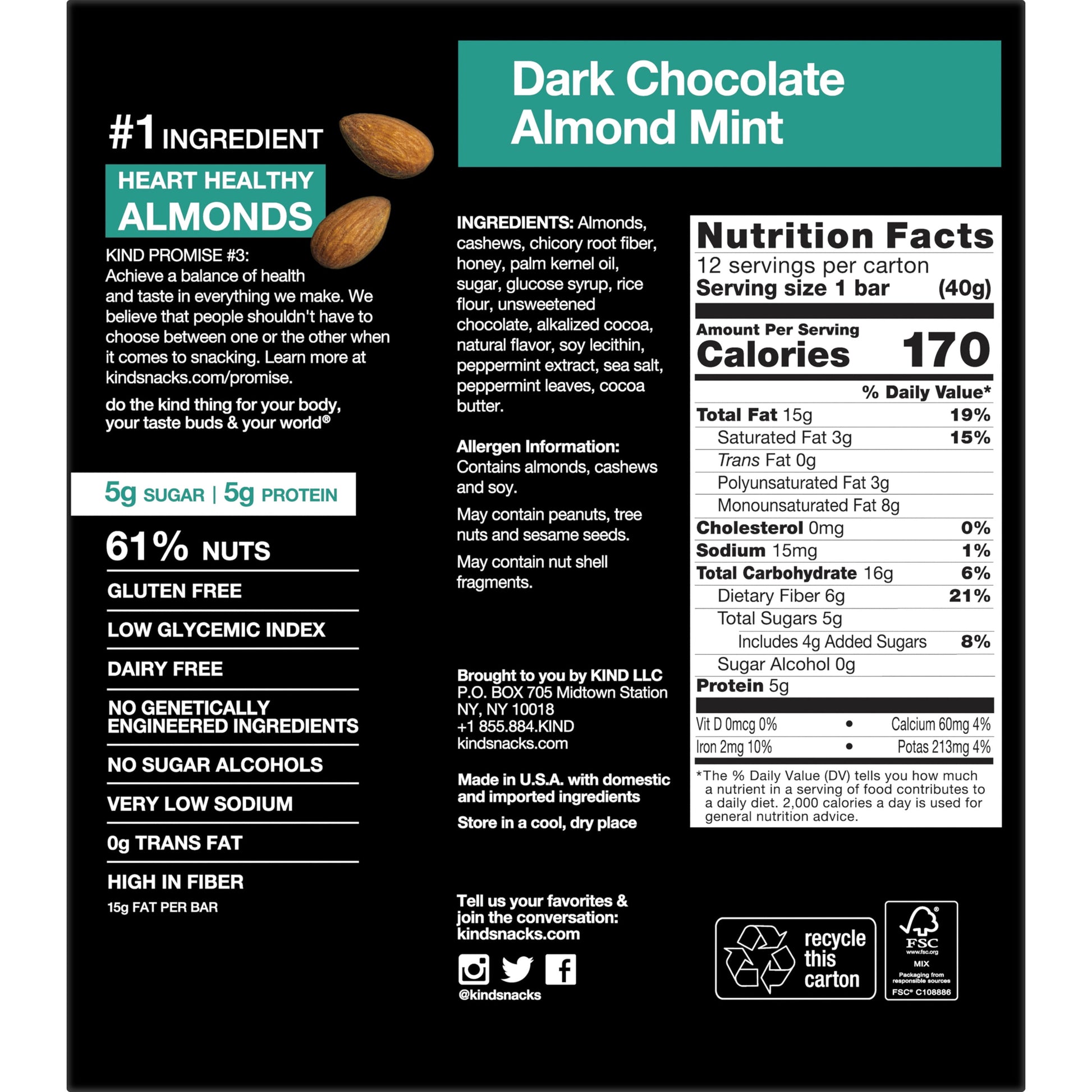 Nut Bars, Dark Chocolate Almond Mint, 1.4 Oz, 12 Ct