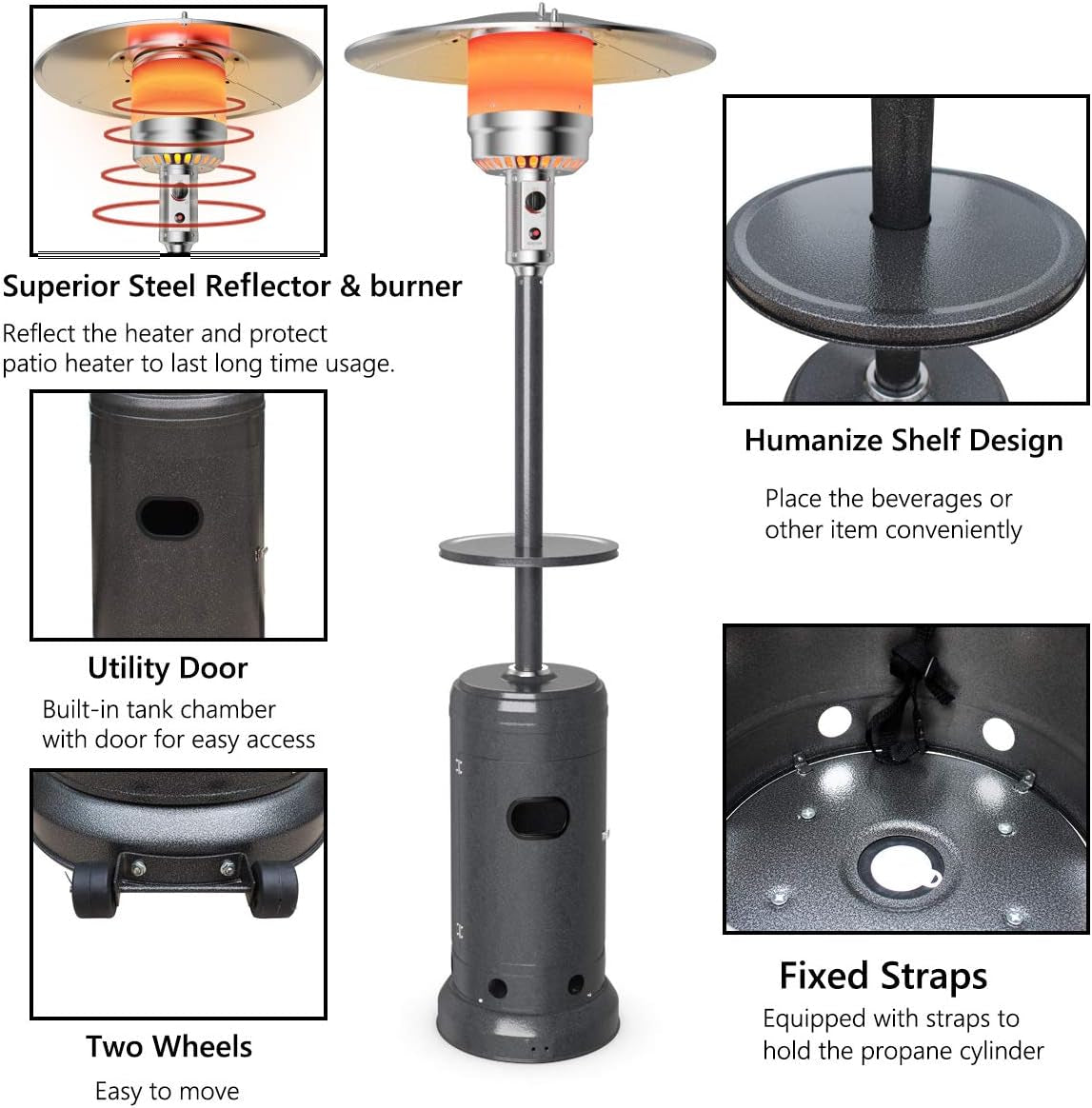 48000 BTU Patio Heater with Cover, Porch Propane Heater with Wheels, Shelf Tabletop, Auto Shut off & Tip-Over Protection, 87 Inches Tall Floor Standing Outdoor Heaters for Patio