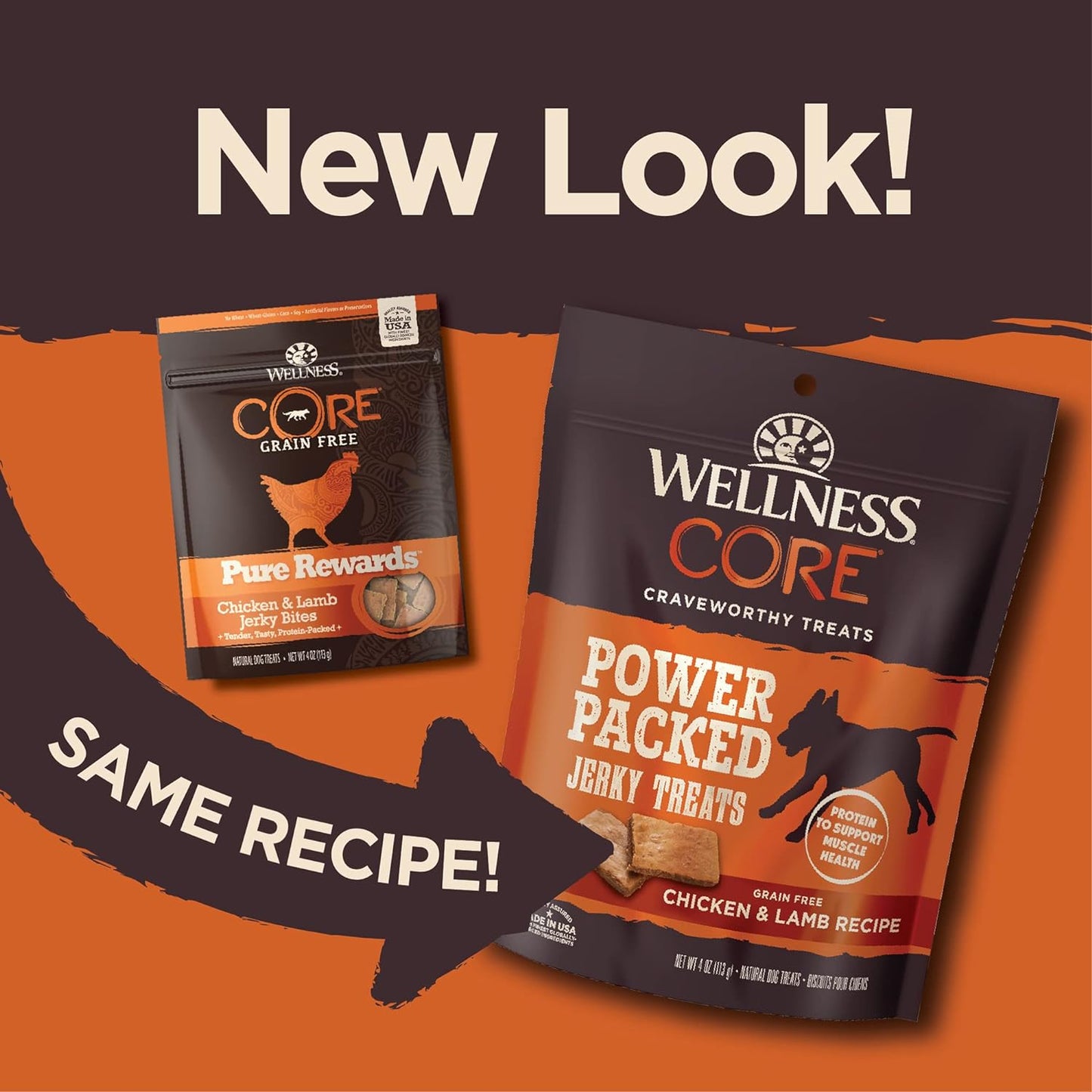 Wellness CORE Power Packed Dog Treats (Previously Pure Rewards), Grain-Free Tender Jerky Treats, Made in USA (Chicken & Lamb Recipe, 4-Ounce Bag)