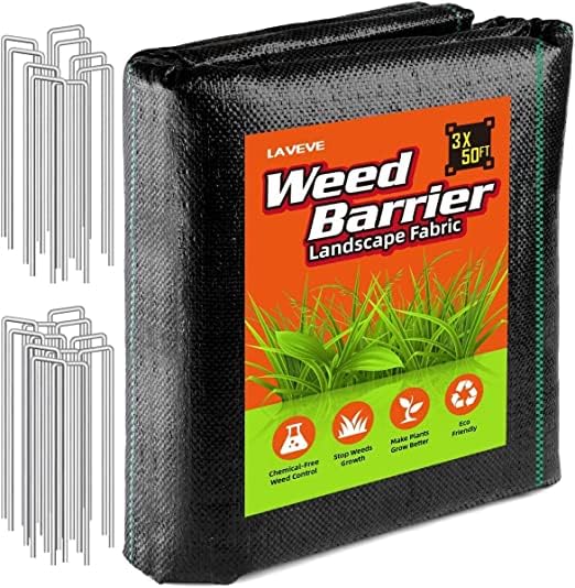 LAVEVE 3FTx 50FT Weed Barrier Landscape Fabric, 3.2oz Premium Heavy-Duty Gardening Weed Control Mat, Ground Cover for Gardening, Farming with 20 U-Shaped Securing Pegs