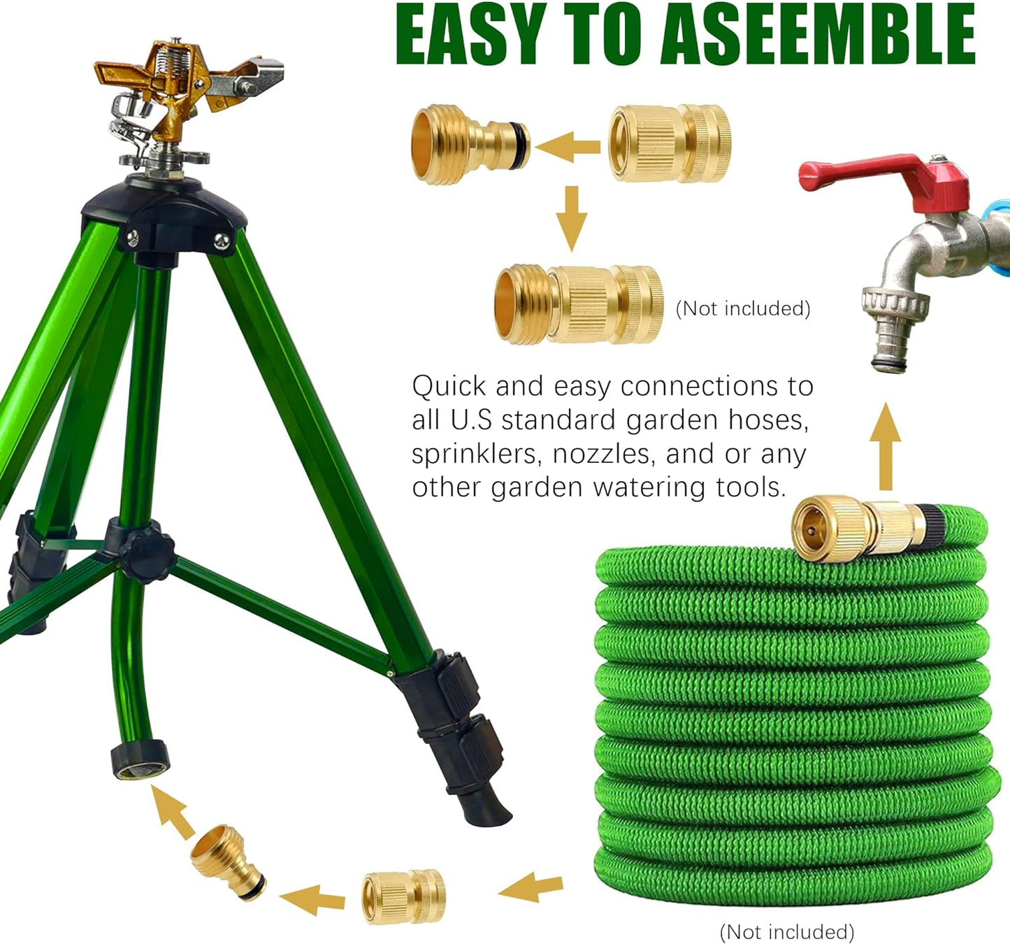 Impact Sprinkler on Tripod Base, 2 Pack Tripod Sprinklers with Brass Head, 360 Degree Large Area Irrigation with Extension Legs Flip Locks, Heavy Duty 3/4" Connector for Lawn Yard Garden