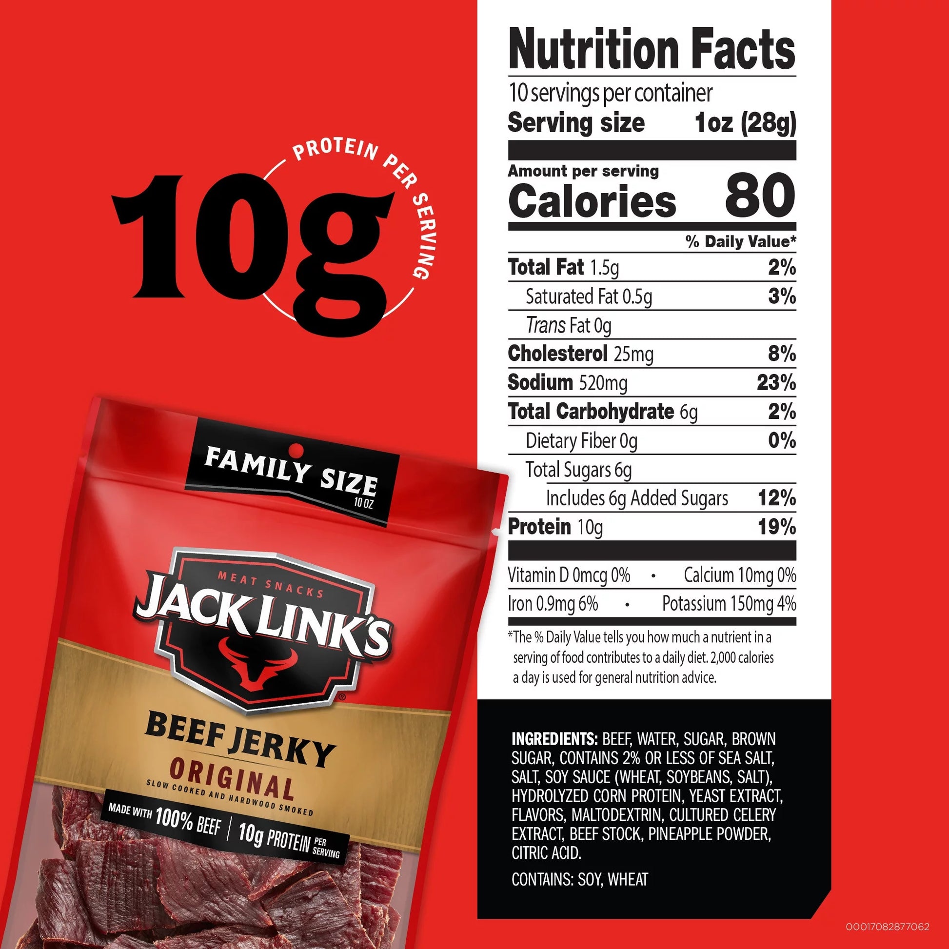 (2 Pack) Jack Link’S Beef Jerky, 100% Beef, Original, 10G of Protein per Serving, 10 Oz Bag