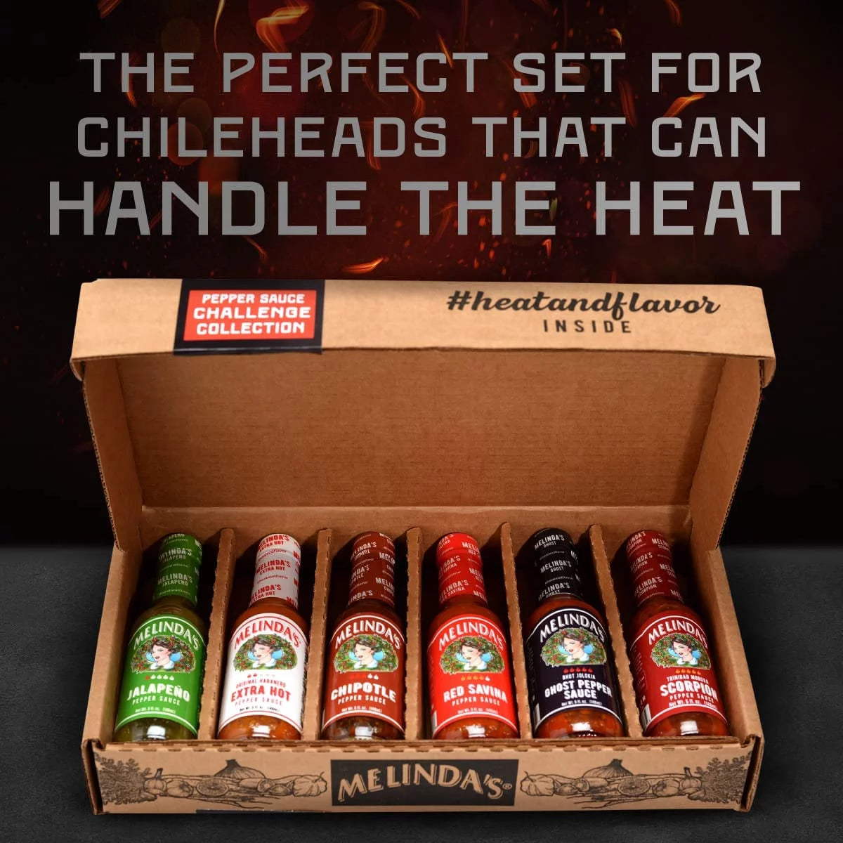 Melindas Pepper Sauce Challenge Collection - Extra Spicy Gourmet Hot Sauce Gift Set with Variety of Chile Peppers - Includes Jalapeo, Extra Hot Habanero, Chipotle, Red Savina, Ghost, Scorpion- 5 Oz,