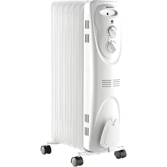 Basic Electric Oil Filled Radiator, 1500W Portable Full Room Radiant Space Heater with Adjustable Thermostat, White