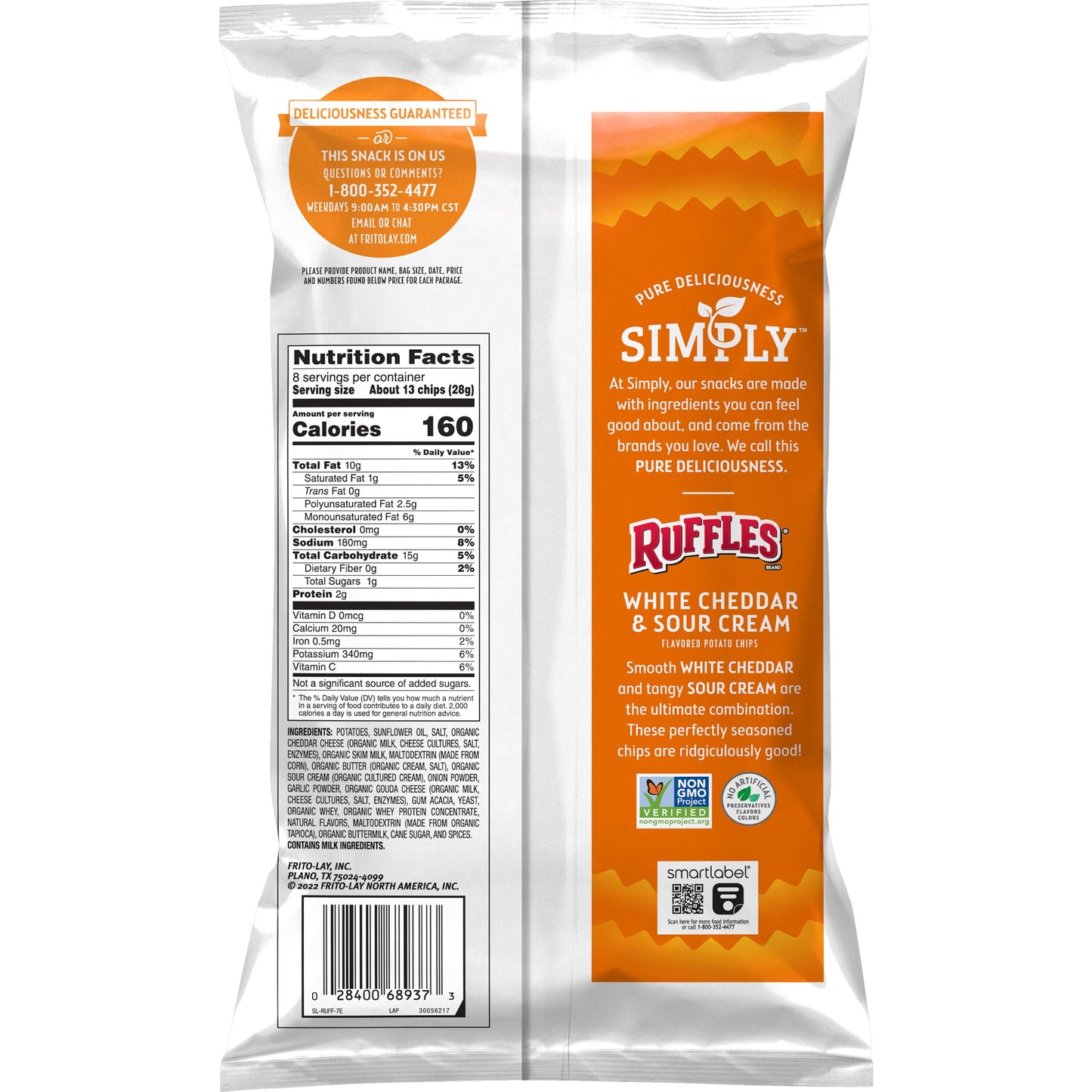 Ruffles, White Cheddar & Sour Cream Potato Chips, 8 Oz Bag, Gluten-Free, Snack Chips