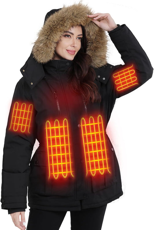 Heated Jackets for Women with Battery Pack 16000Mah, 6 Heat Zones Heated Coat for Women with Detachable Hood