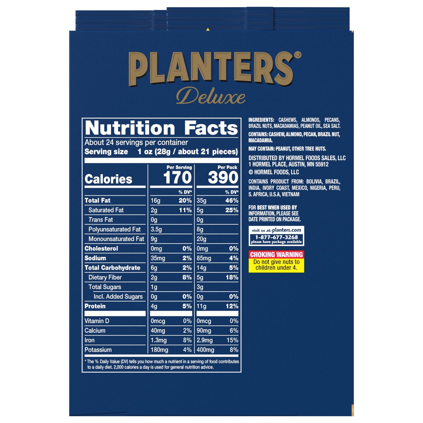 Deluxe Mixed Nuts, Protein Snack, 2.25 Oz Plastic Bag (Pack of 12)