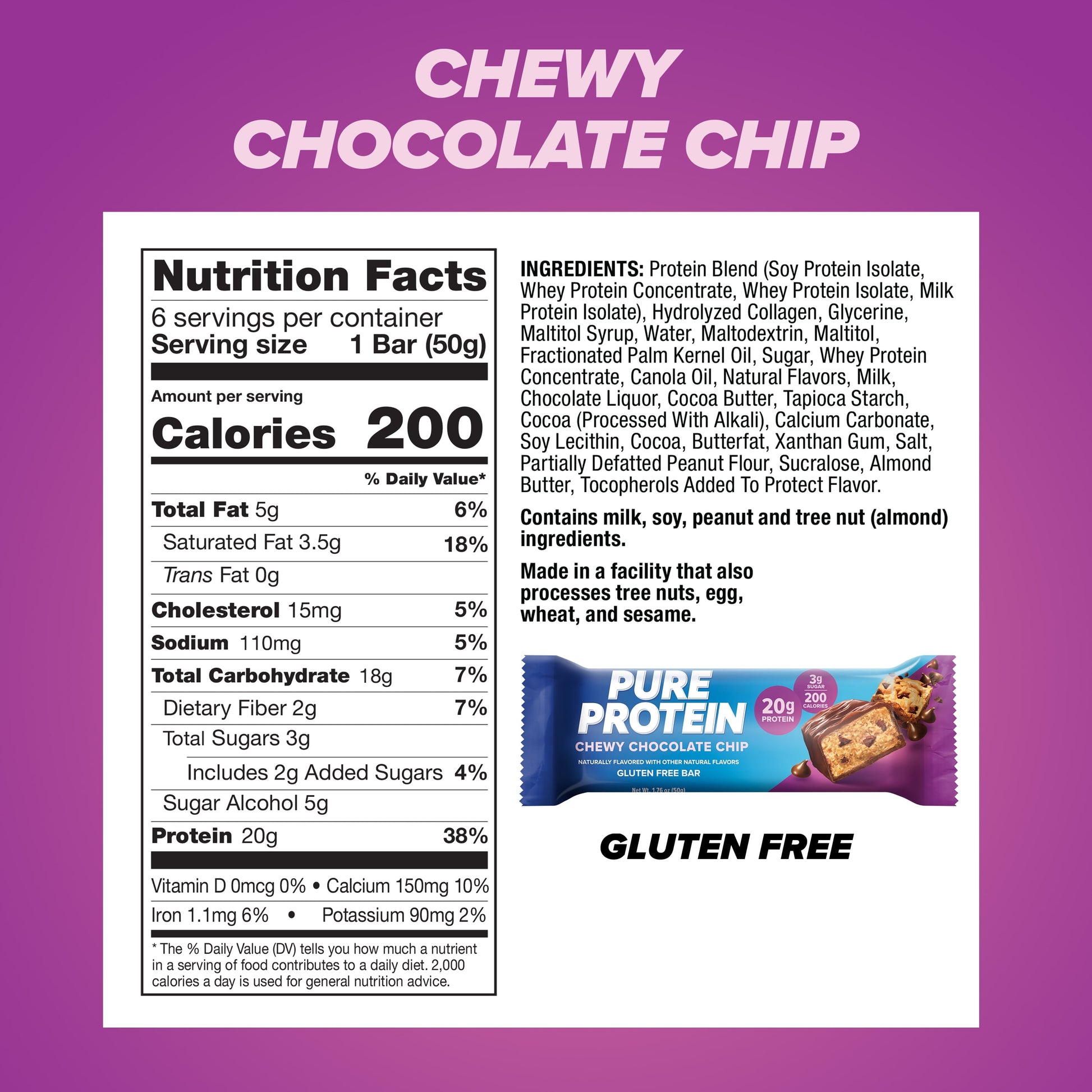 (3 Pack)  Bars, Chewy Chocolate Chip, 20G Protein, 1.76 Oz, 6 Ct