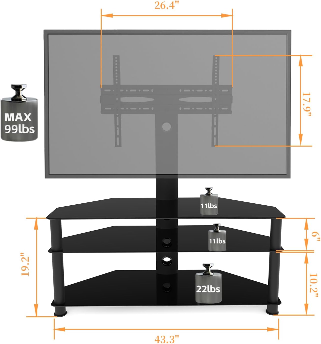 Swivel Floor TV Stand Mount with 3 Tier Tempered Glass Shelves and Height Adjustable Entertainment Center Corner TV Stand for 32-70 inch TVs,Max VESA 600x400mm,Television Stand