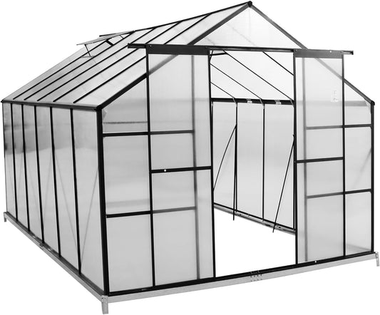 12 x 8 FT Polycarbonate Greenhouses with Adjustable Roof Vent, Heavy Duty Walk-in Aluminum Frame Greenhouse with Door, Outdoor Green Houses for Outside Backyard Garden, Black