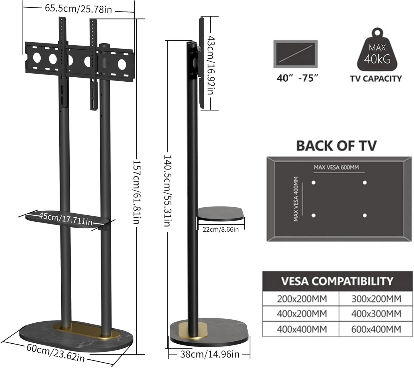 unho Double-Pole TV Mount Stand: Floor TV Stand with Double Layer Luxurious Black Sintered Stone Slate Shelf for Large TVs40-75 inches