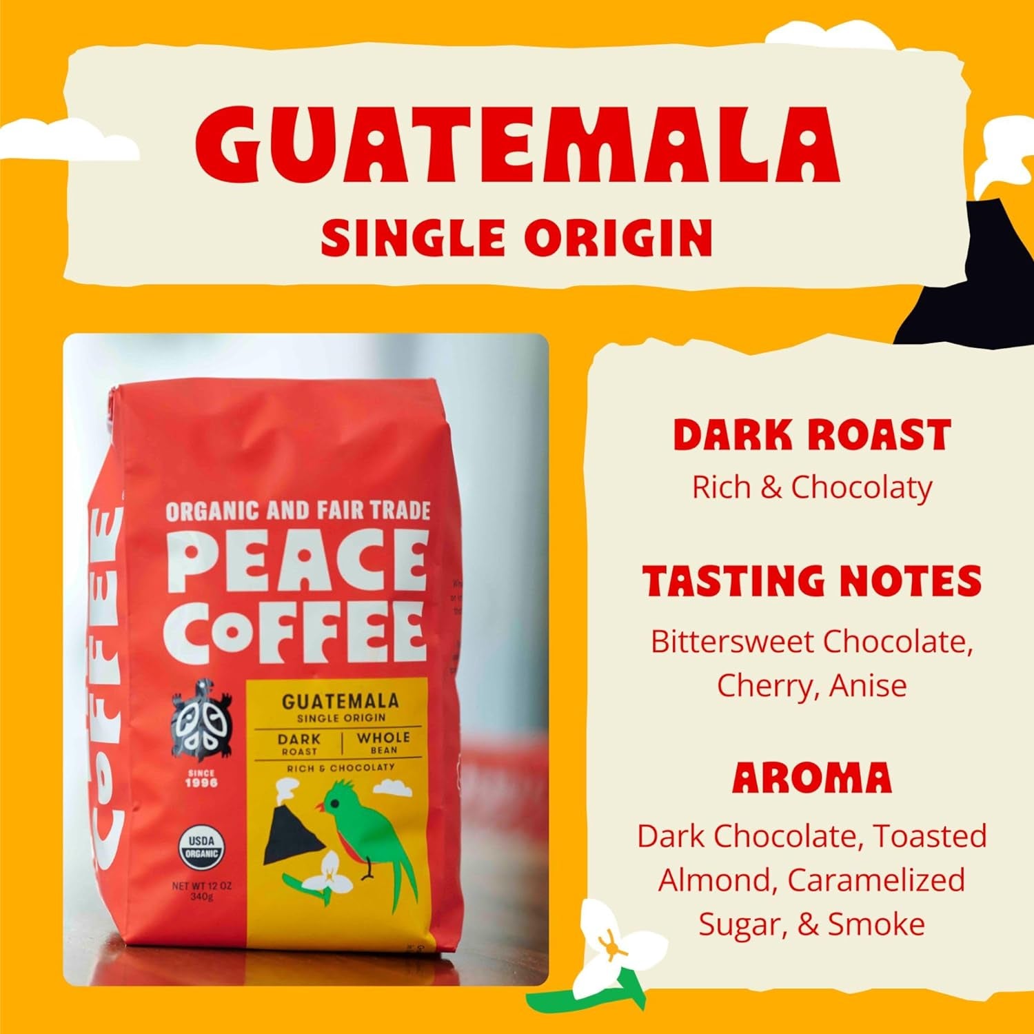 Guatemala Single Origin Coffee | 20 Oz Ground Dark Roast | Organic Fair Trade | Rich, Chocolatey Flavor | Shade Grown, Fresh Roasted