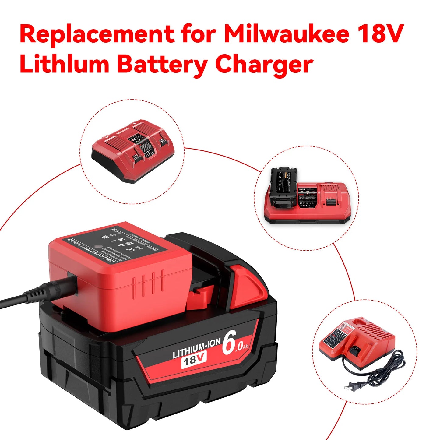 For Milwaukee 18V Battery Charger for M18M18B5 Xc Lithium Lon Battery 6.0Ah 48-11-1815 48-11-1850 2604-22 2604-202708-22 2607-22