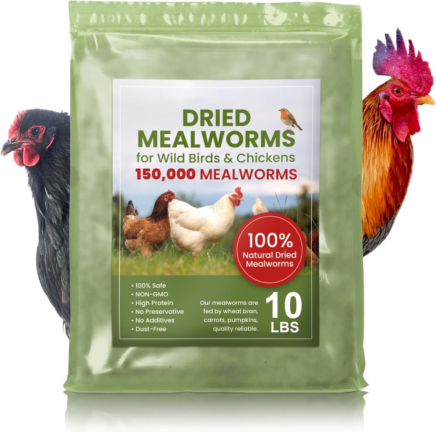 Premium Non-Gmo Dried Mealworms 10 Lbs Bulk - Perfect Feed for Chickens, Reptiles, Tortoises, Lizards, Wild Birds, Ducks, Poultry and More! High Protein Treat for Happy and Healthy Pets and Livestock