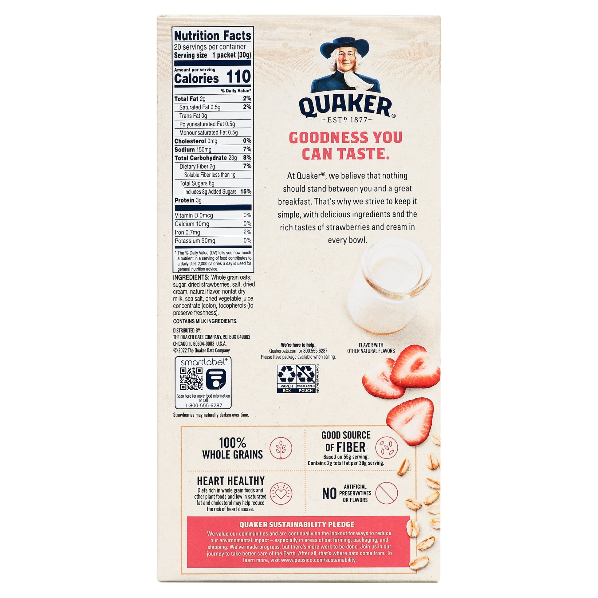 , Instant Oatmeal, Strawberry & Cream, Ready-To-Microwave Oatmeal, 1.1 Oz Packets, 20 Pack