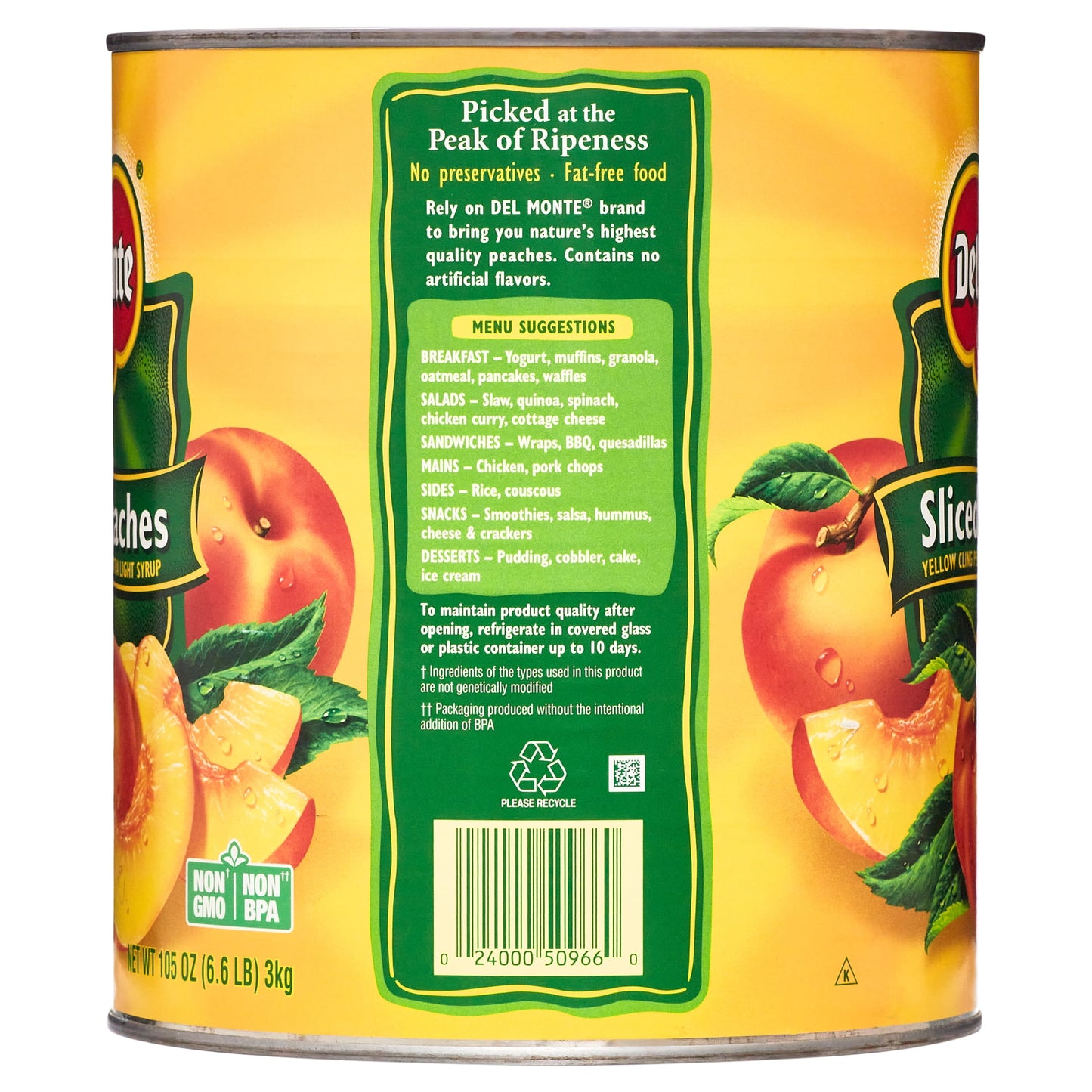 Sliced Peaches, Extra Light Syrup, Canned Fruit, 105 Oz Can