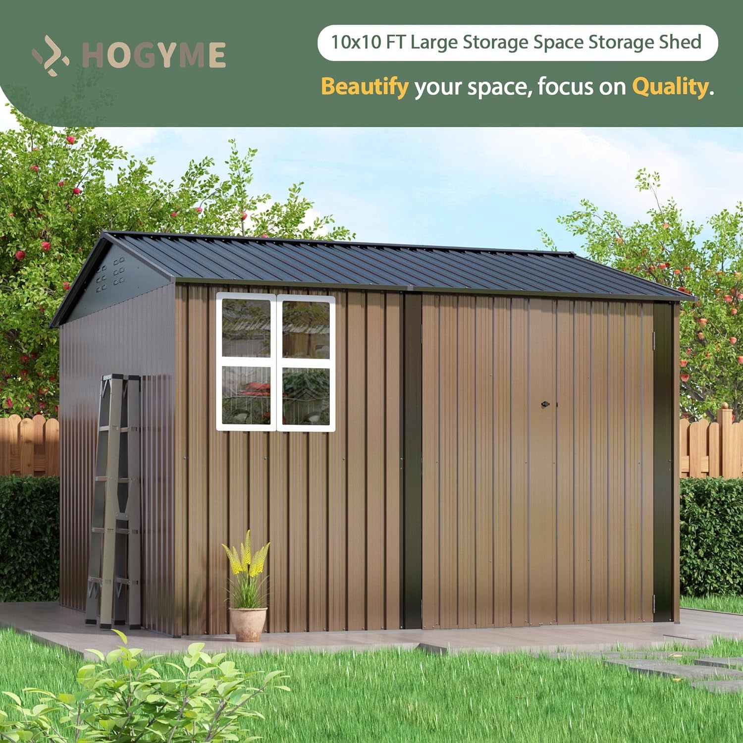 10X10 FT Outdoor Storage Shed, Large Metal Tool Sheds with Updated Frame Structure and Lockable Doors, Garden Shed for Backyard Garden Patio Lawn, Brown