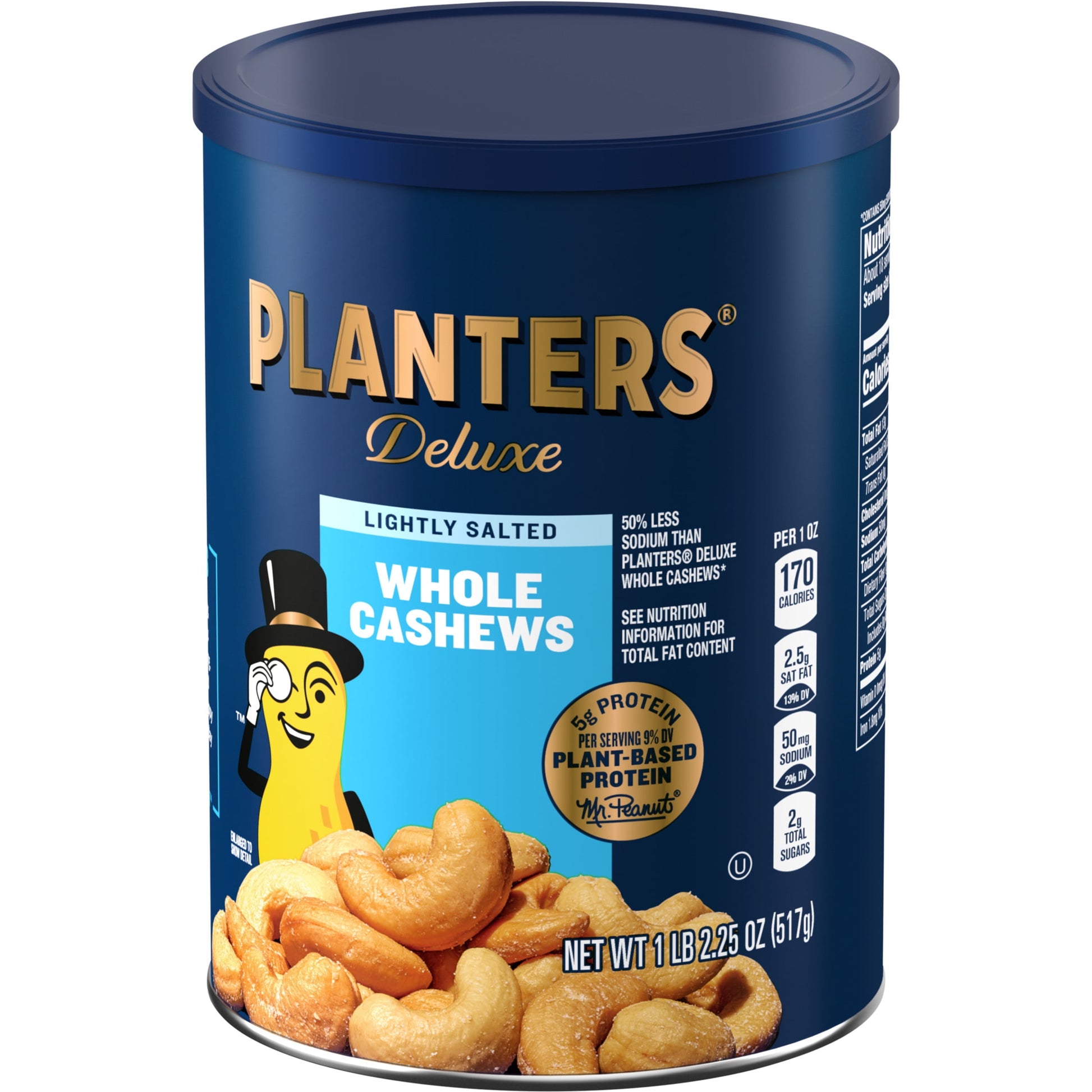 Deluxe Lightly Salted Whole Cashews, Party Snacks, Plant-Based Protein 18.25Oz (1 Canister)