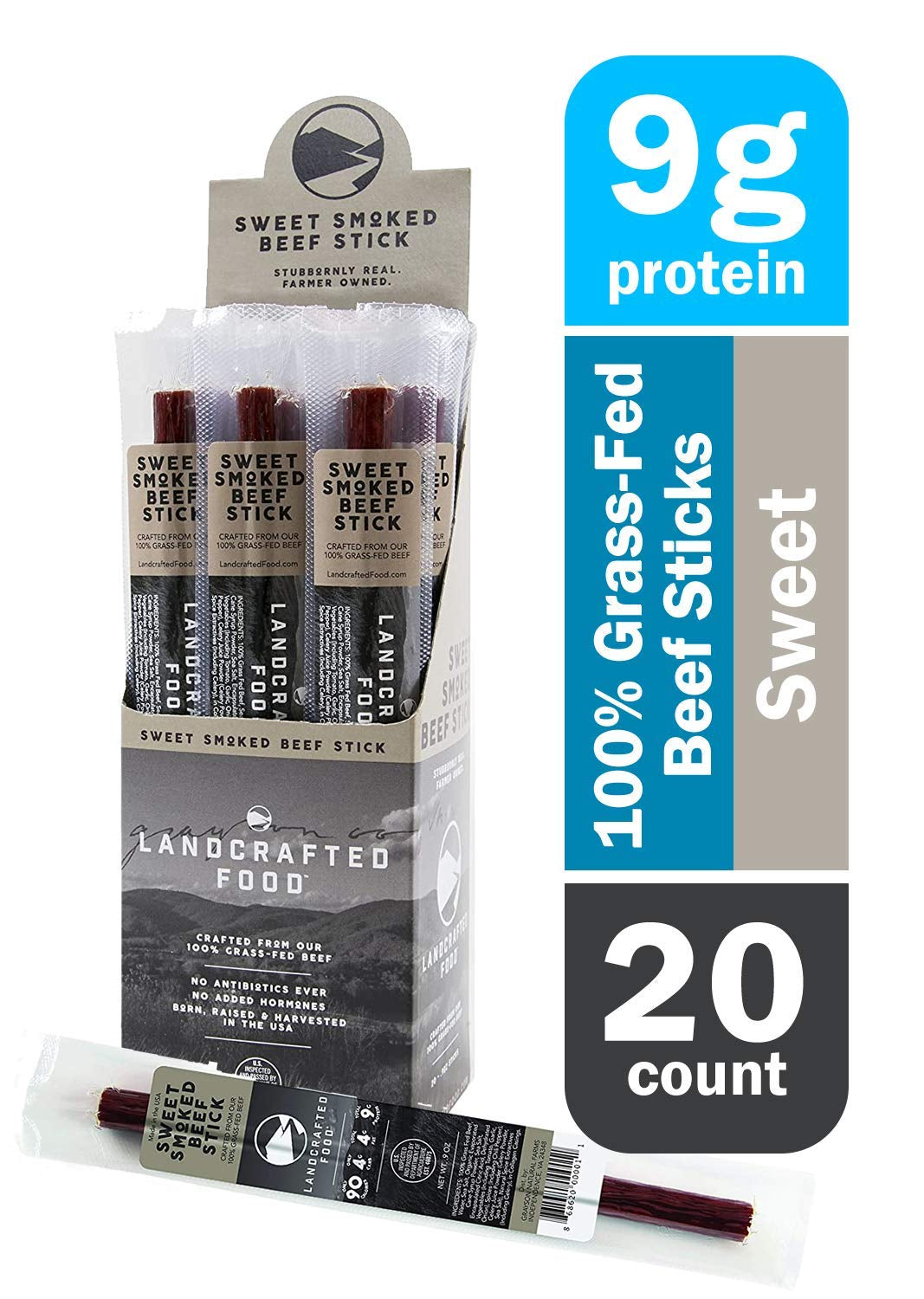 | 100% Grass Fed Beef Jerky Sticks - 20 Individually Wrapped .9 Ounce Stick Snack Packs - Farmer Owned, Hormone Free, High Protein with Low Carbs (Sweet Smoked)