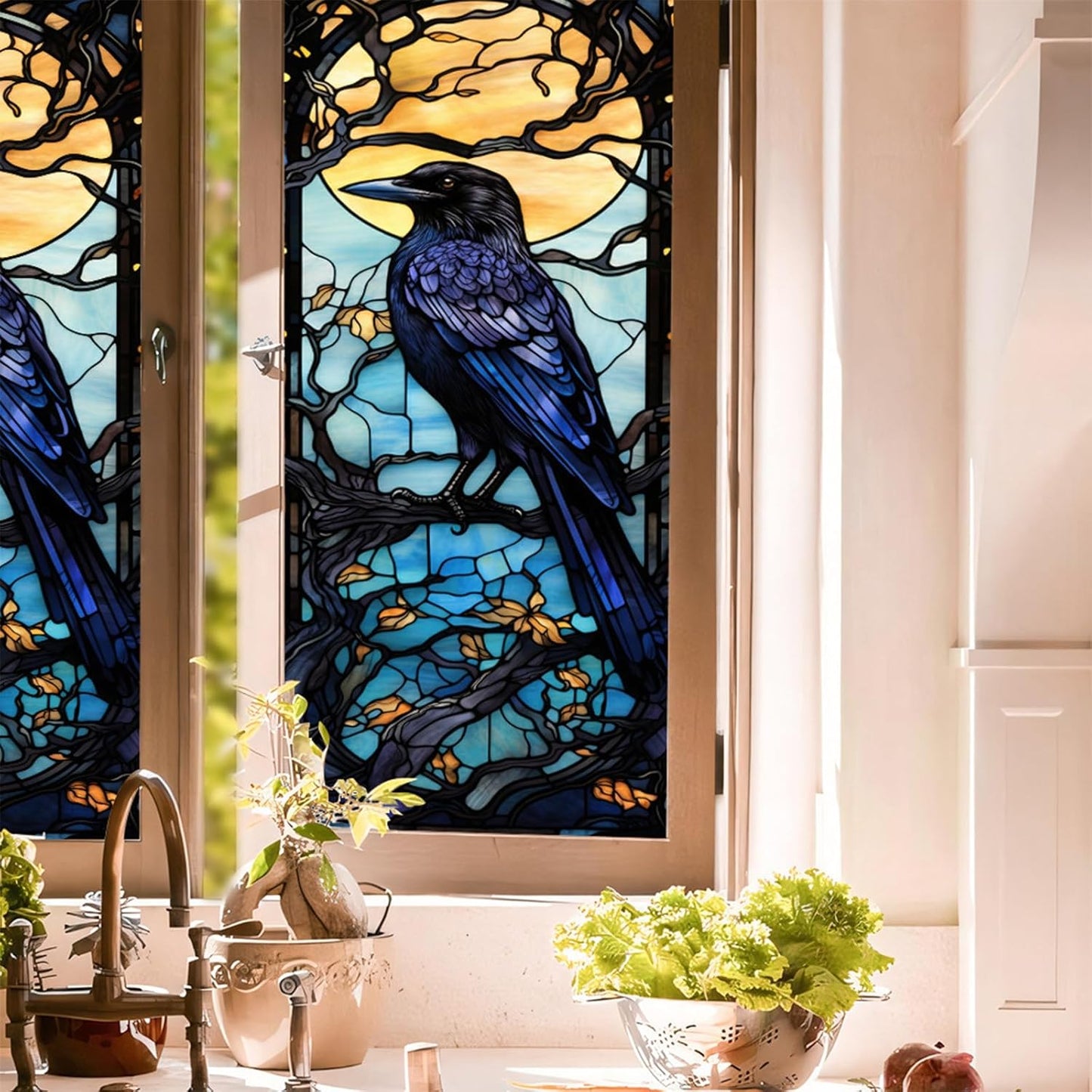 Window Privacy Film Crow Stained Glass Window Film Window Frosted Glass Window Cling Privacy Film Heat Blocking Static Cling Day and Night Home Door Window Coverings 17.7"X39.5" (BL172)