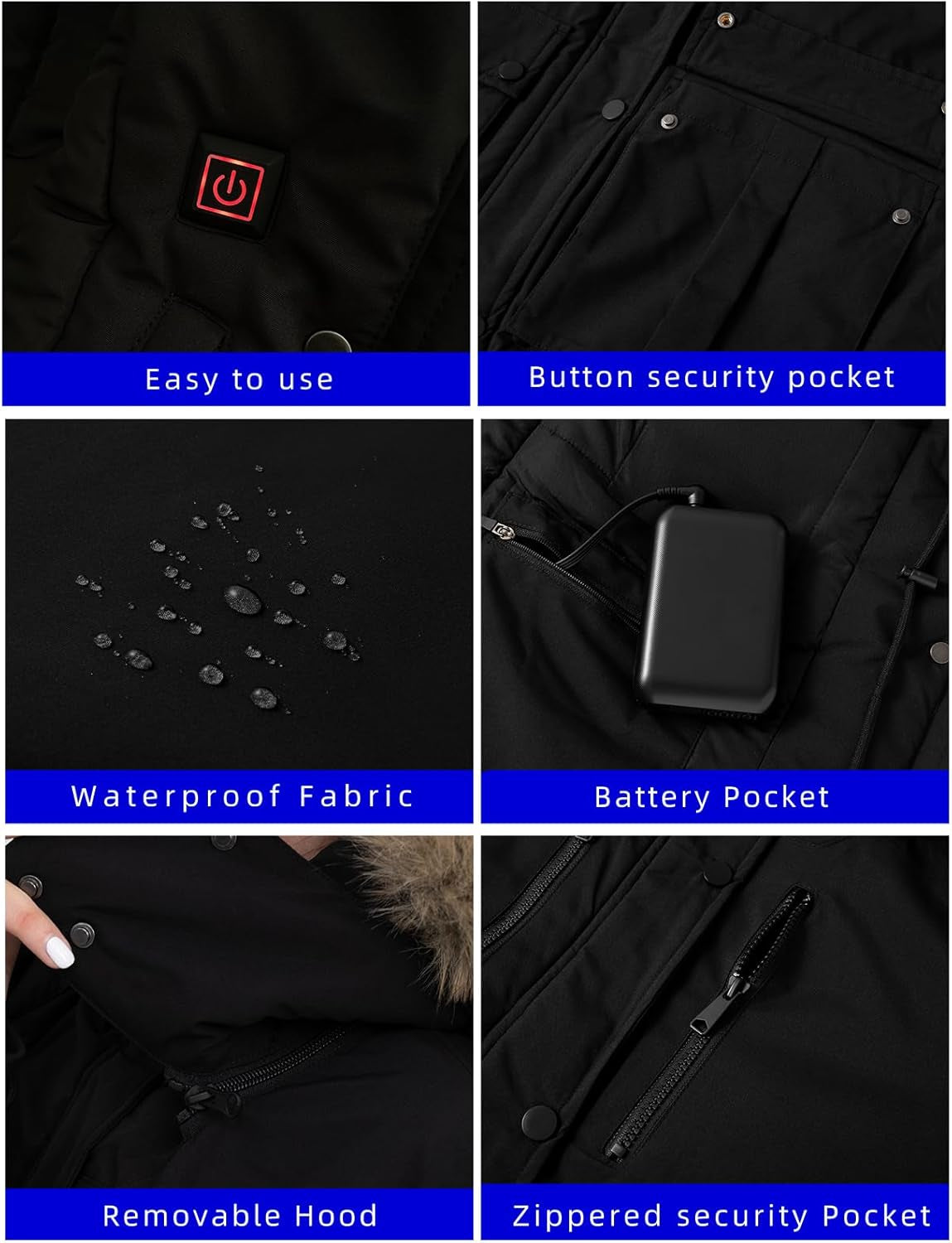 Heated Jackets for Women with Battery Pack 16000Mah, 6 Heat Zones Heated Coat for Women with Detachable Hood