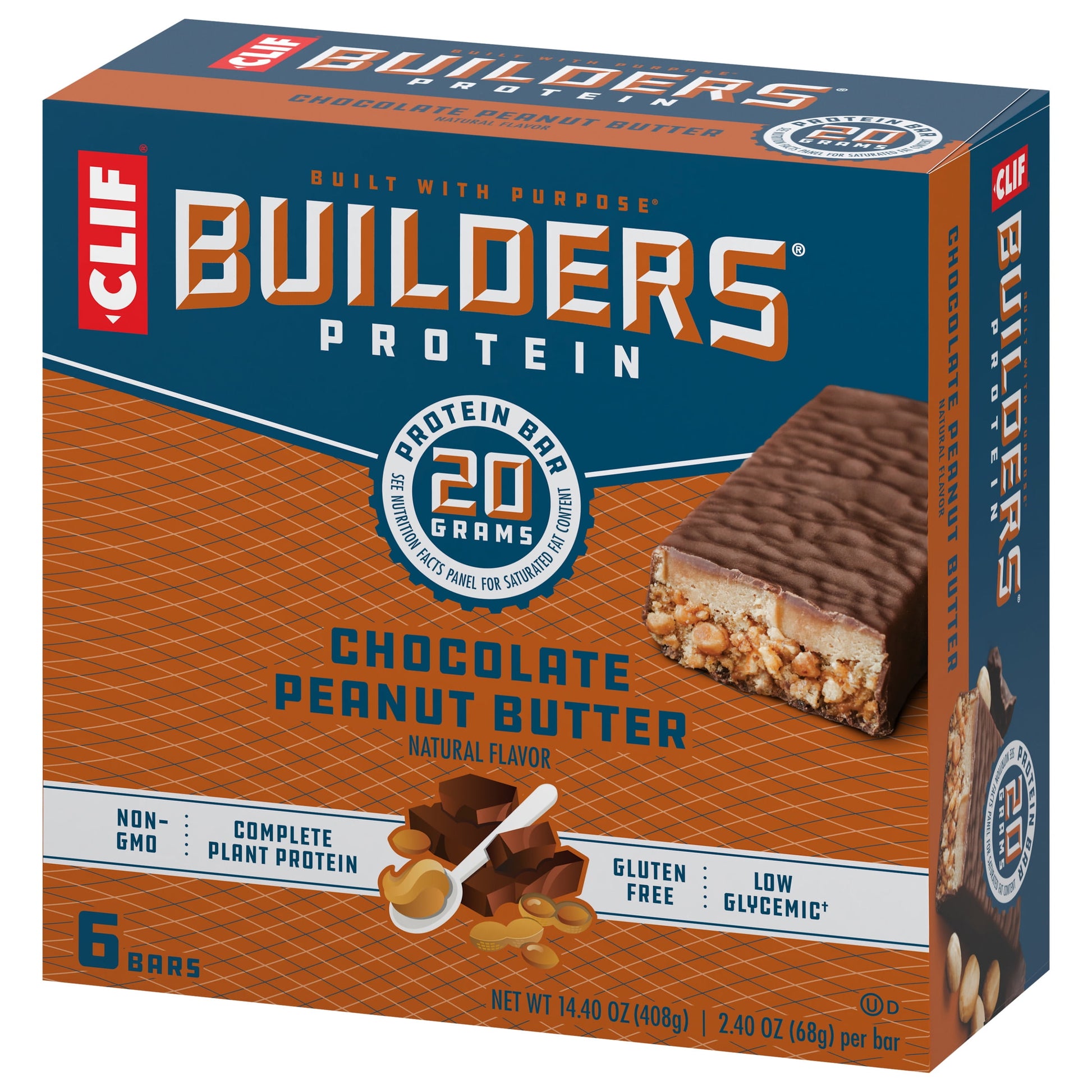 CLIF Builders - Chocolate Peanut Butter Flavor - Protein Bars - Gluten-Free - Non-Gmo - Low Glycemic - 20G Protein - 2.4 Oz. (6 Pack)