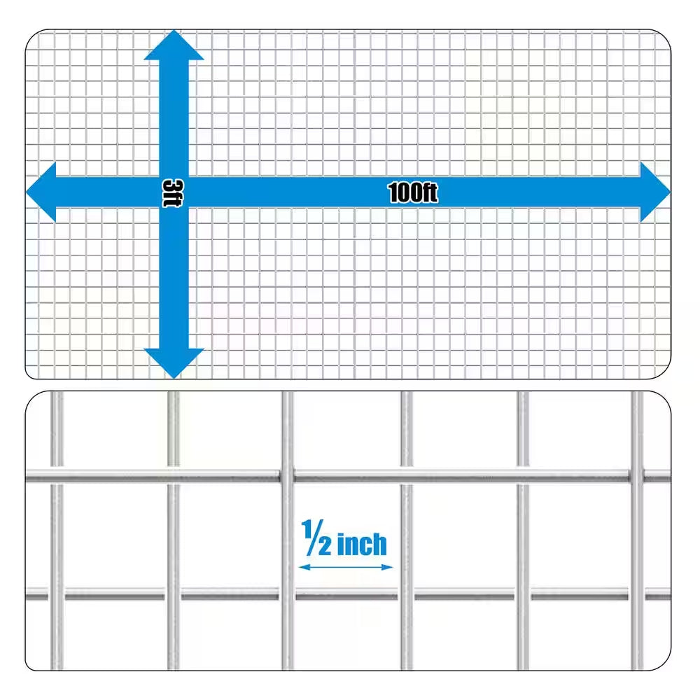 1/2 In. X 3 Ft. X 100 Ft. 19-Gauge Hardware Cloth Metal Wire Mesh, Galvanized Welded Cage Wire